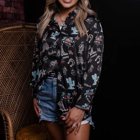 VNeckline Relaxed Tank Women's Black TX Rodeo Graphic Long Sleeve Shirt