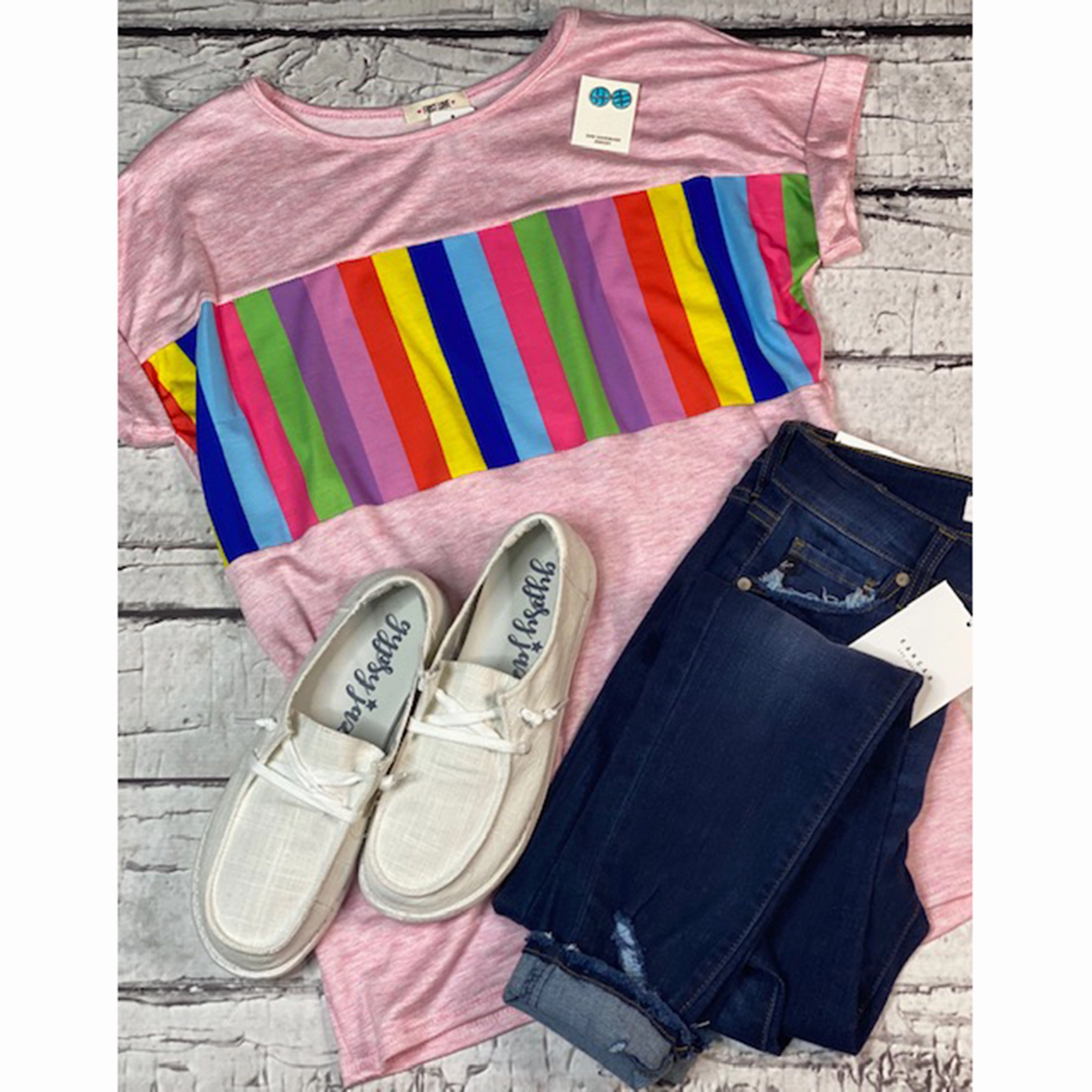 Flexible Knit Blend Hidden Storage Pocket Pink Rainbow Stripe Tee