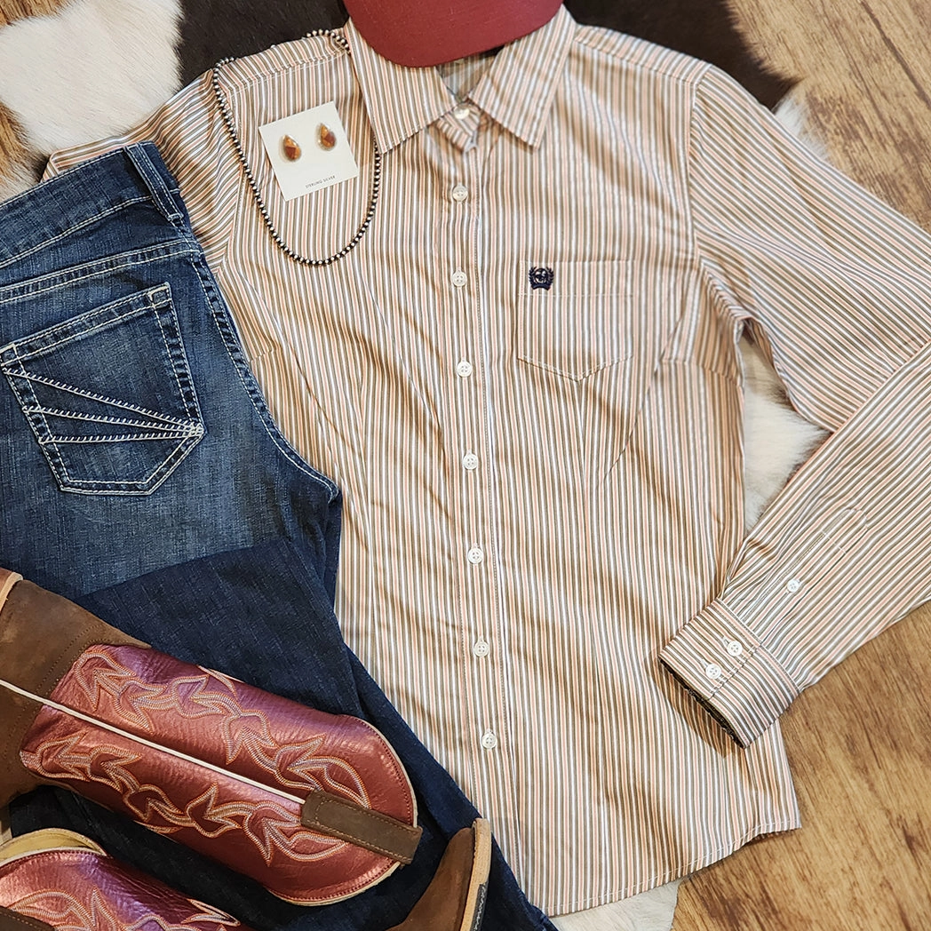 Cinch Women's Coral Brown Stripe Long Sleeve Reinforced Hemline OdorResistantTechnology