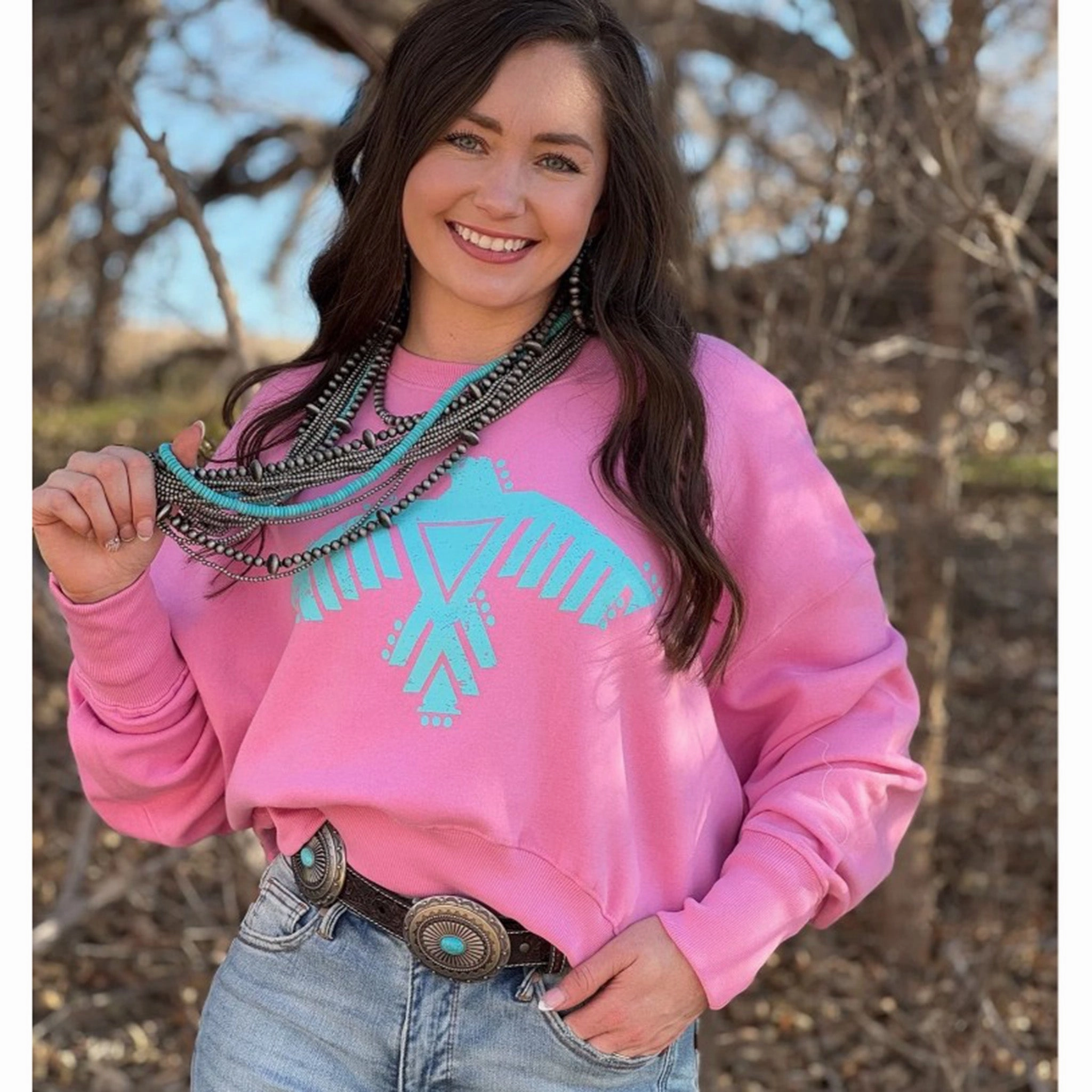 Texas True Threads Pink/Turquoise Thunderbird Sweatshirt UV protection layer
