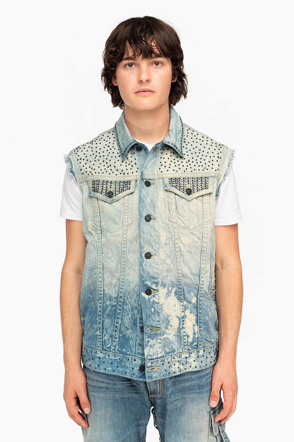 Tailored Cut Multi Pocket Utility RAW EDGE VEST IN MEDIUM WASH WITH BLACK CRYSTALS