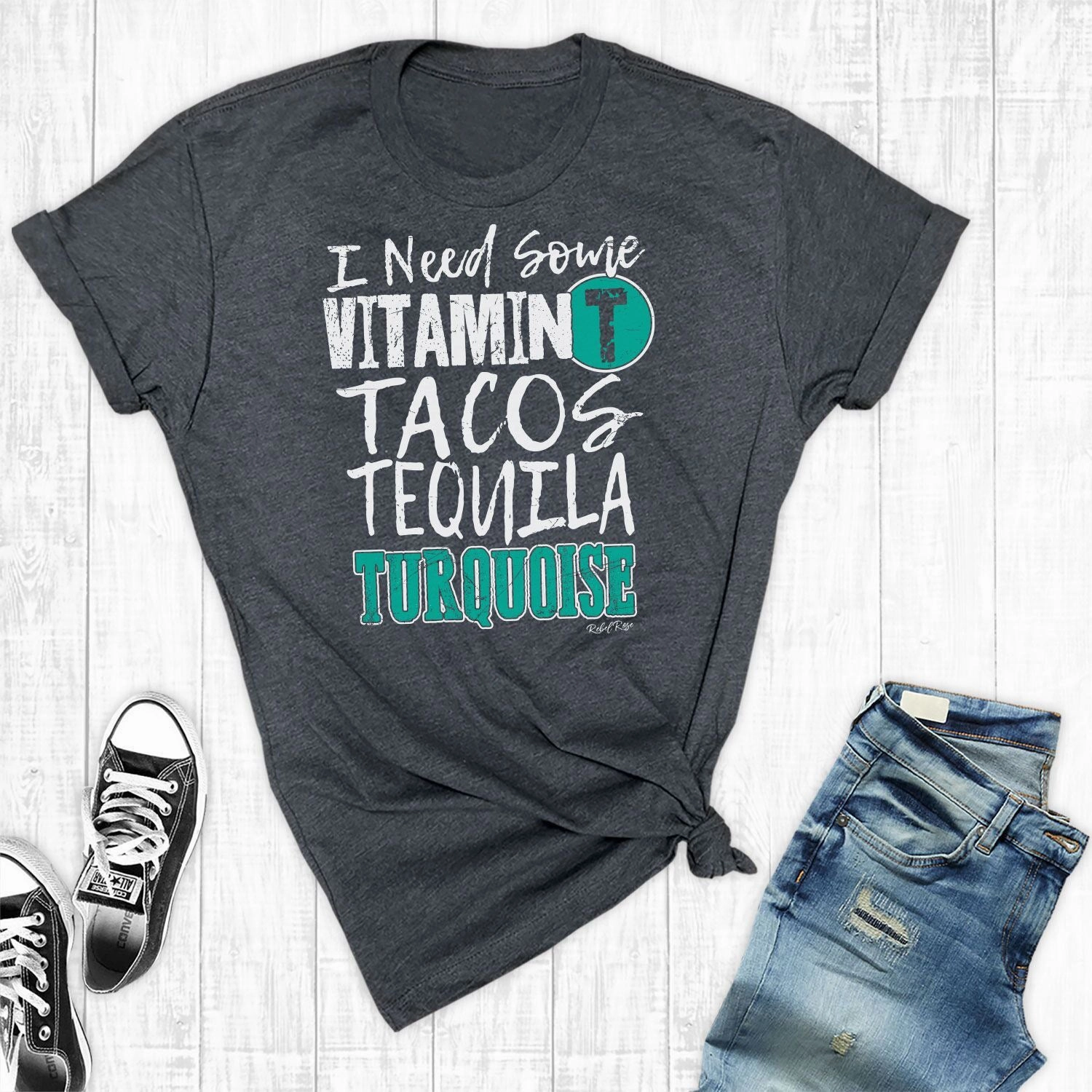 Layered Collar Design Elasticated Hem Rebel Rose Dk Grey Graphic Tee - Vitamin T Tacos Tequila Turquoise