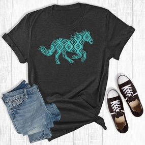 Rebel Rose Grey Turquoise Aztec Running Horse Temperature Regulating Fibers Organic Cotton Fiber