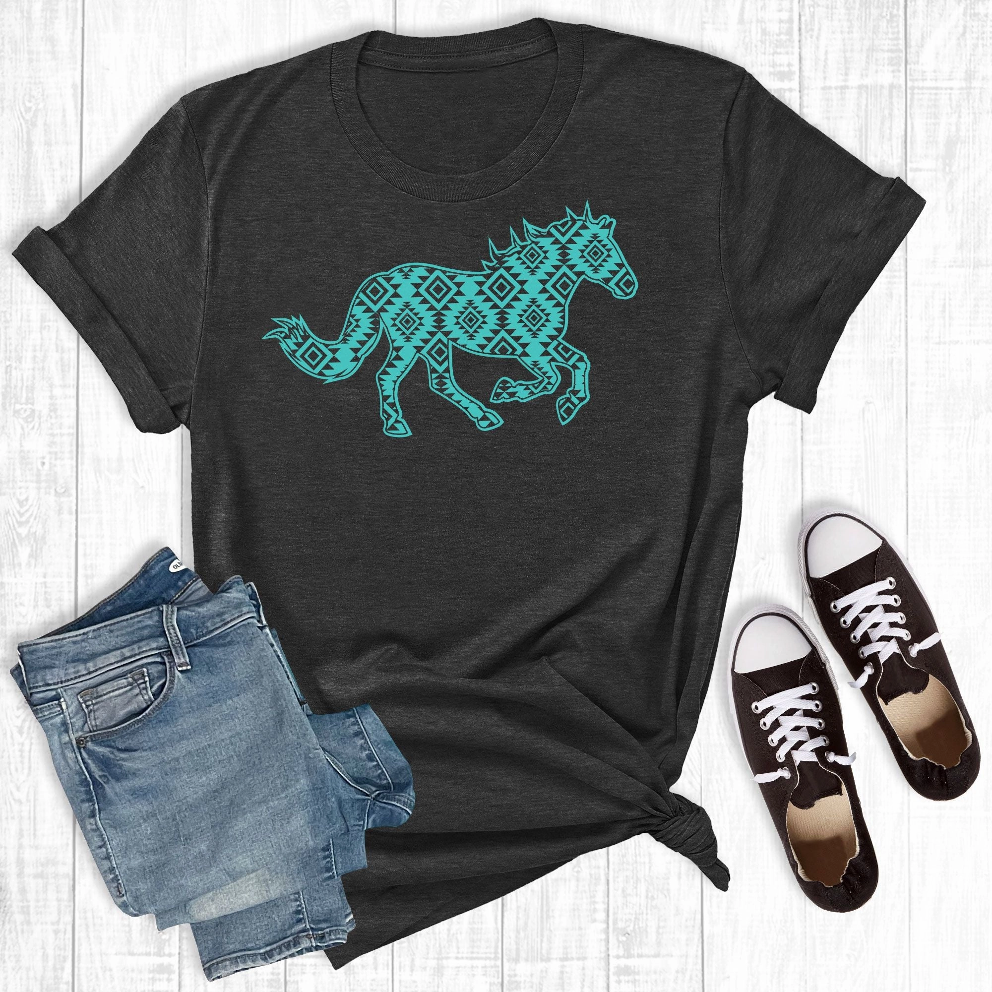Sporty Top ReinforcedArmholes Rebel Rose Grey Turquoise Aztec Running Horse
