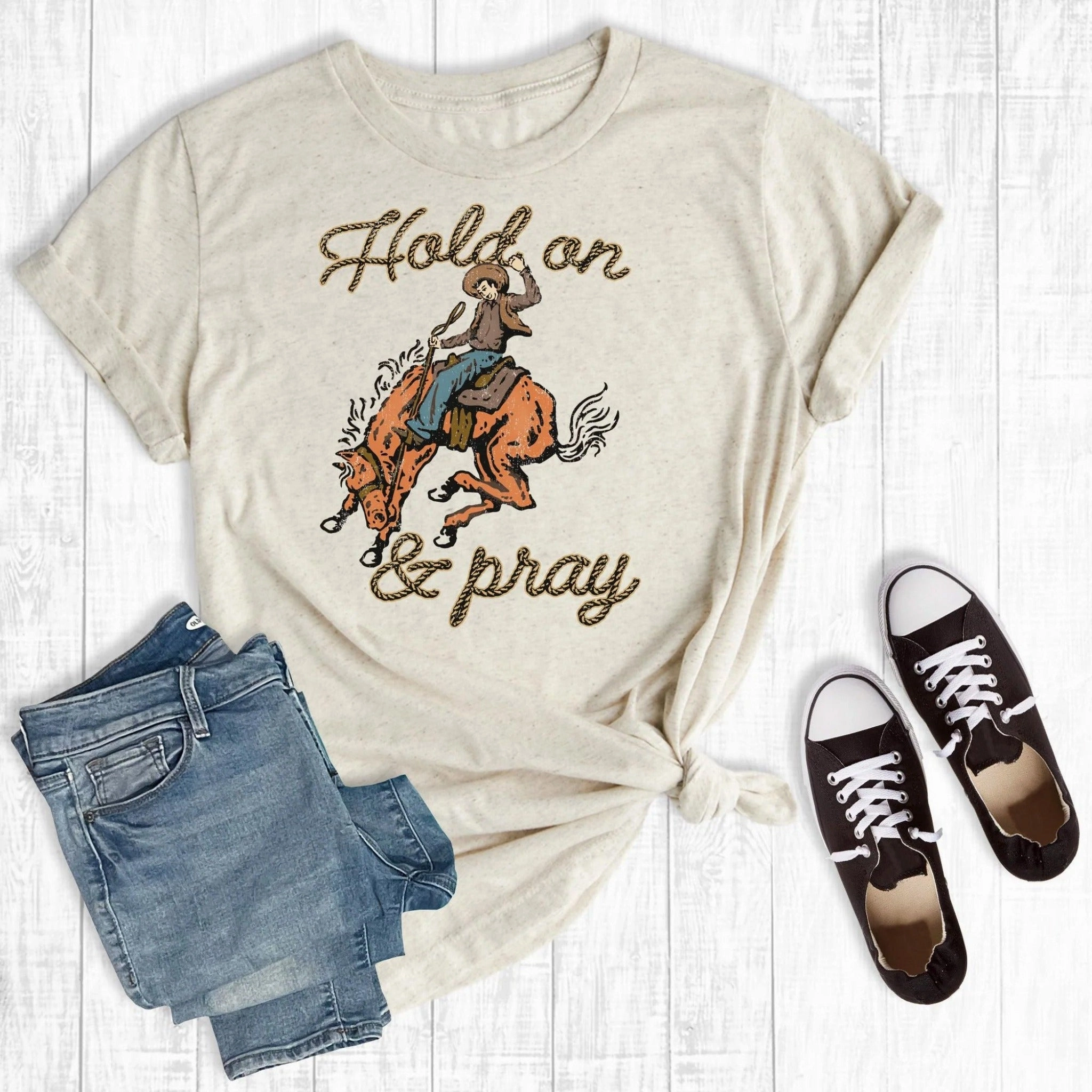 Rebel Rose Hold On & Pray Cream Bronc Tee Non Closure Collar