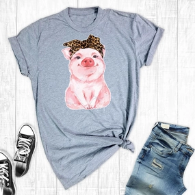 Rebel Rose Lt. Grey Graphic Tee - Watercolor Pig Leopard Bandana Layered Collar Design