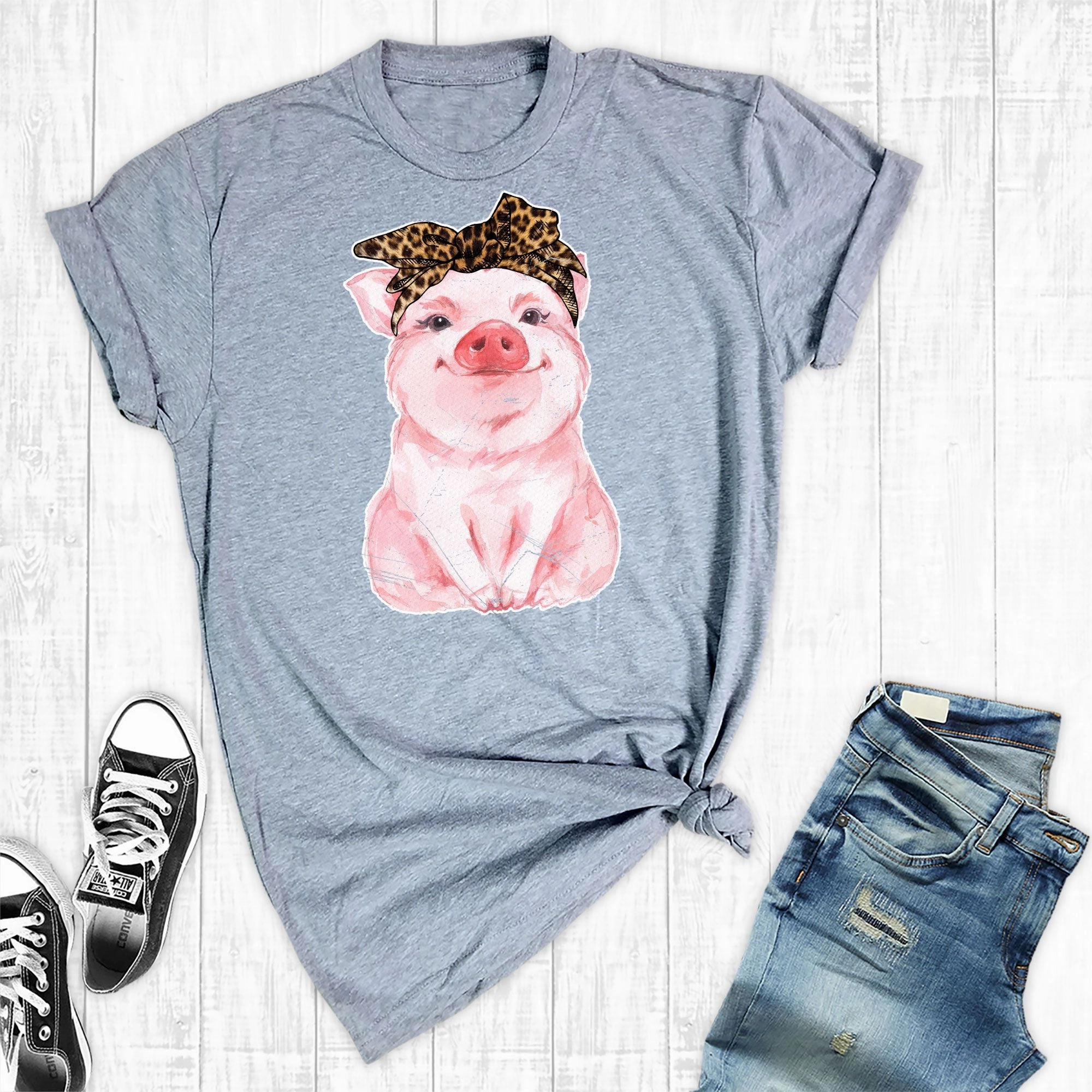 Rebel Rose Lt. Grey Graphic Tee - Watercolor Pig Leopard Bandana Layered Collar Design