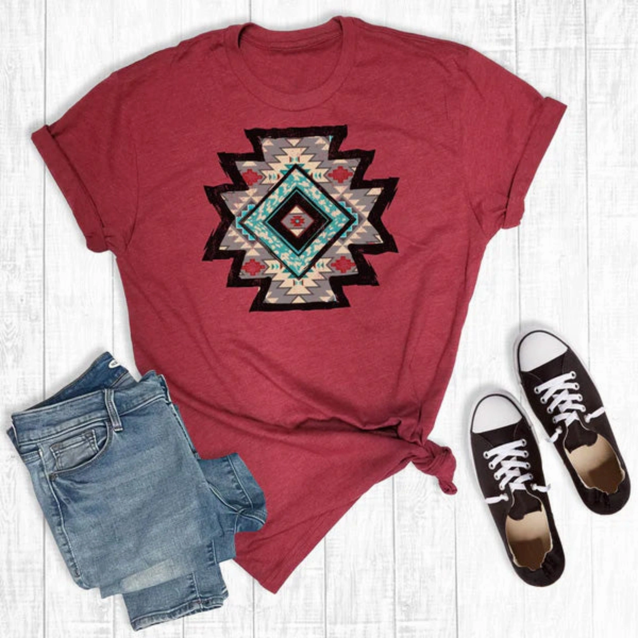 Ribbed Knit Fabric VentilatedMesh Rebel Rose Western Tribal Aztec Cardinal Tee