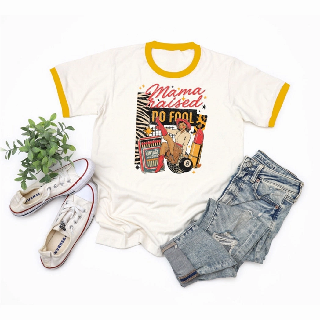 Rebel Rose Women's Mama Raised No Fool Graphic Tee LayeredCuff Breathable Mesh Insert