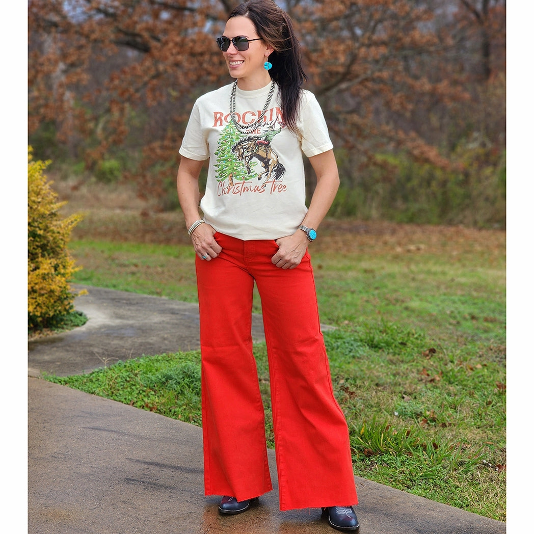 Red Fiesta Wide Leg Palazzo Jean Youth Style Stylish Road Trip Seamless Pocket Design