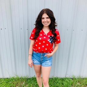 Neutral Tone Palette Red Star with Blue Star Sequin Pocket Shirt