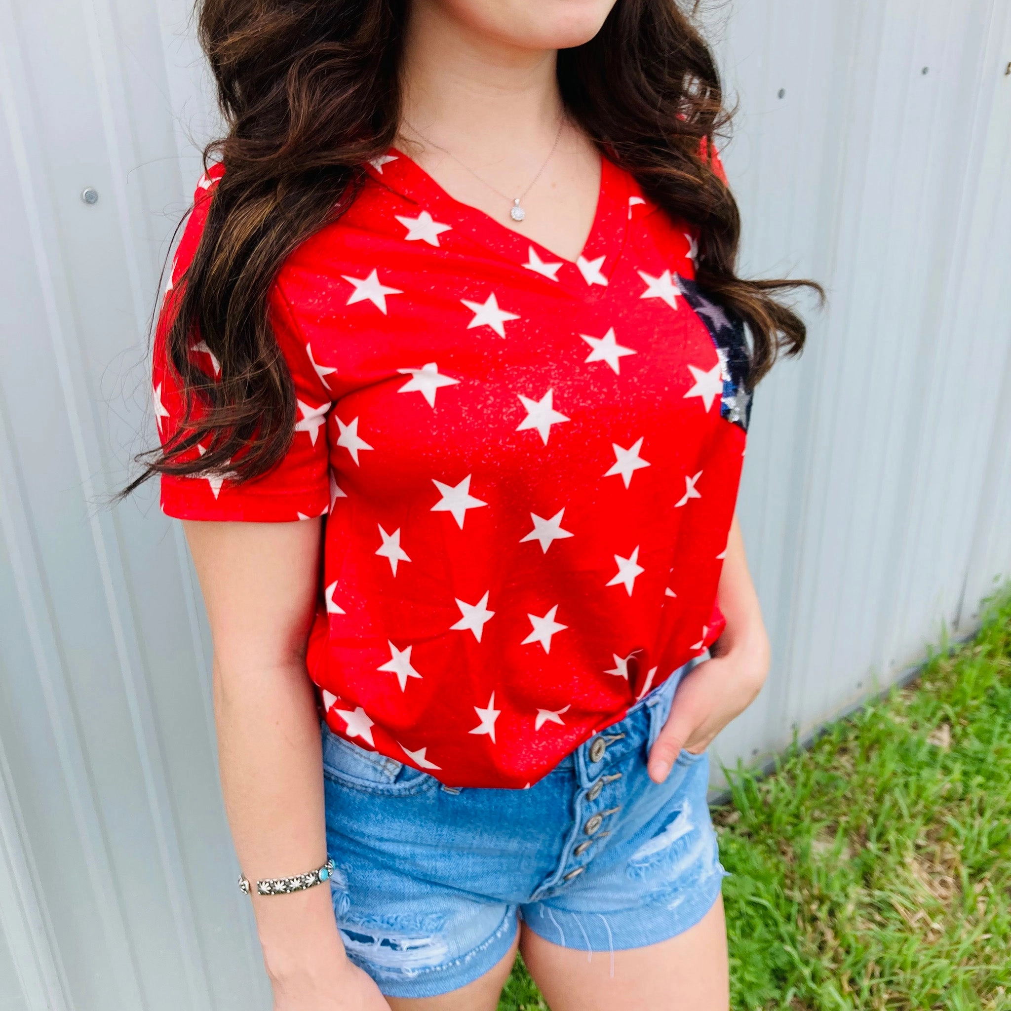 Red Star with Blue Star Sequin Pocket Shirt GarmentWashedFinish