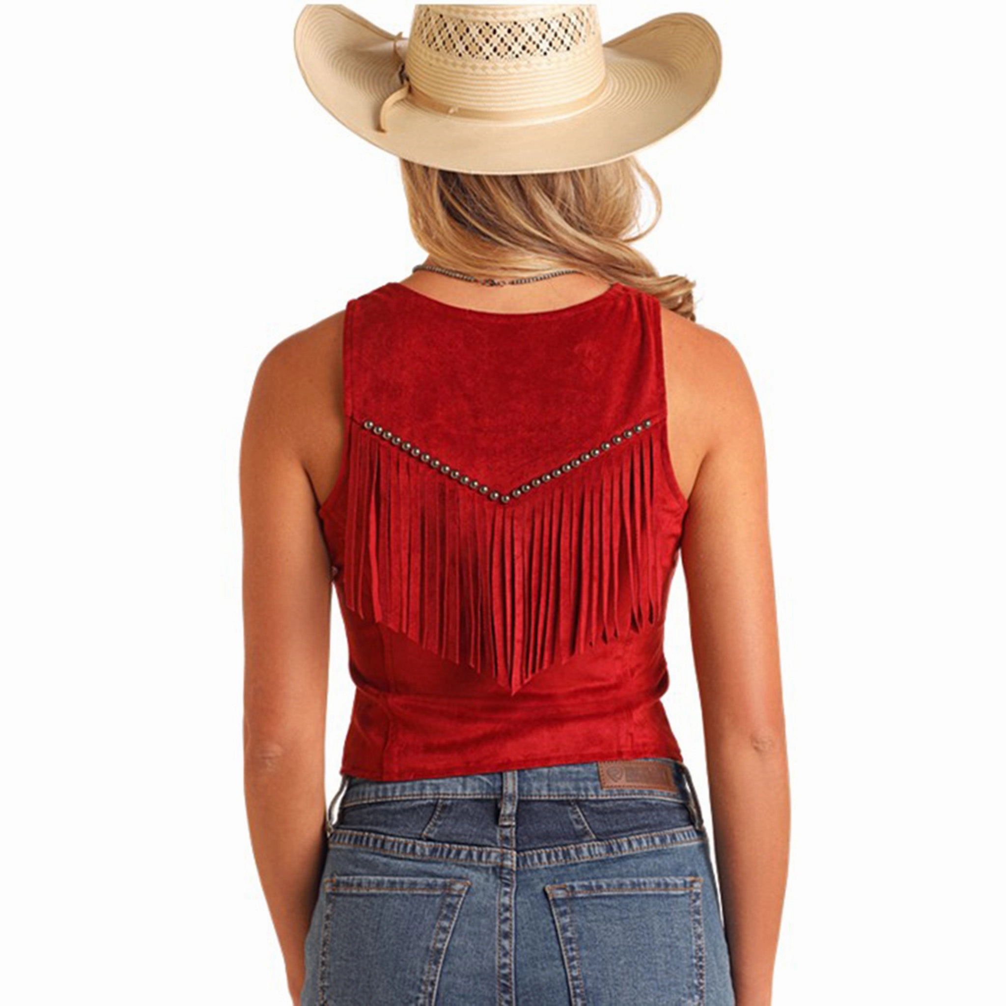 Red Studded Microsuede Fringe Vest Temperature Regulating Tech