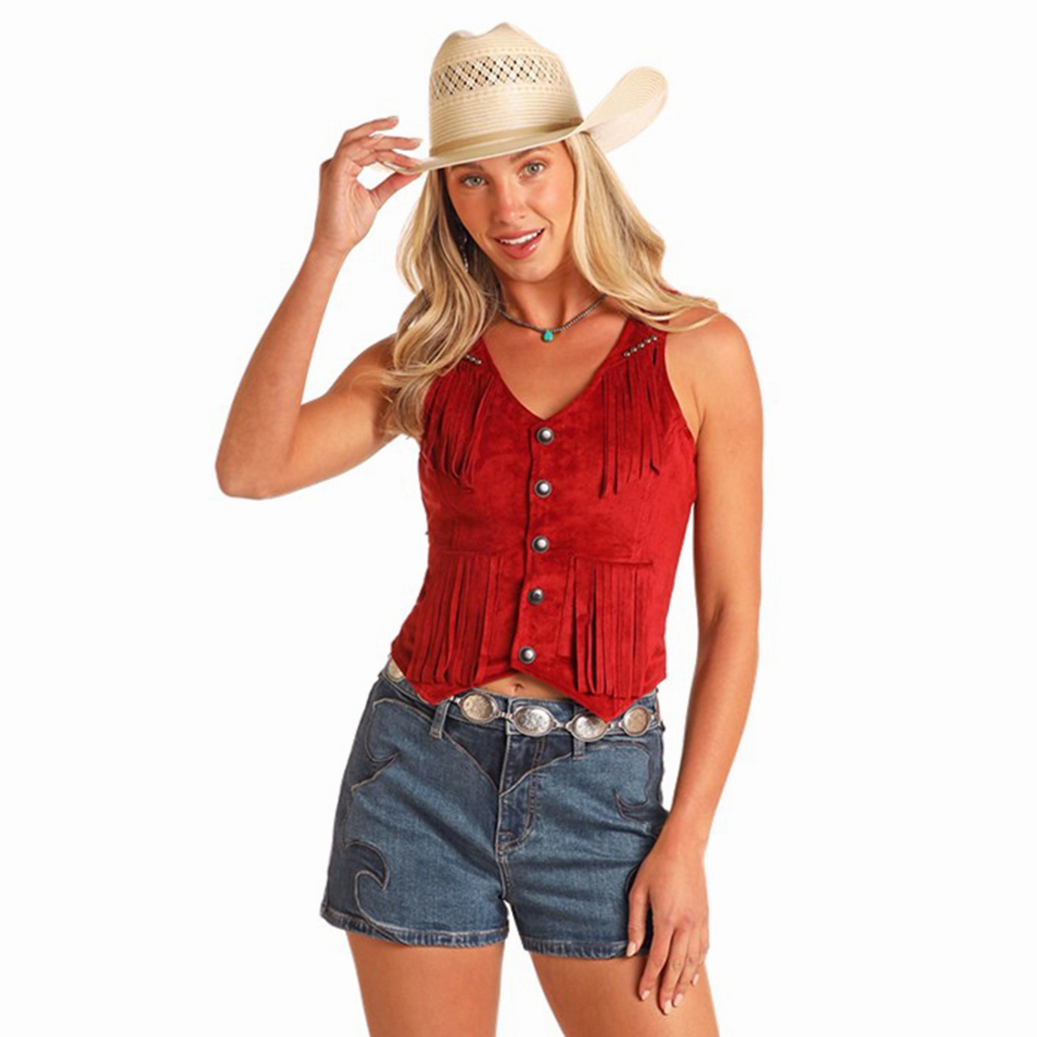 Articulated Sleeves Red Studded Microsuede Fringe Vest