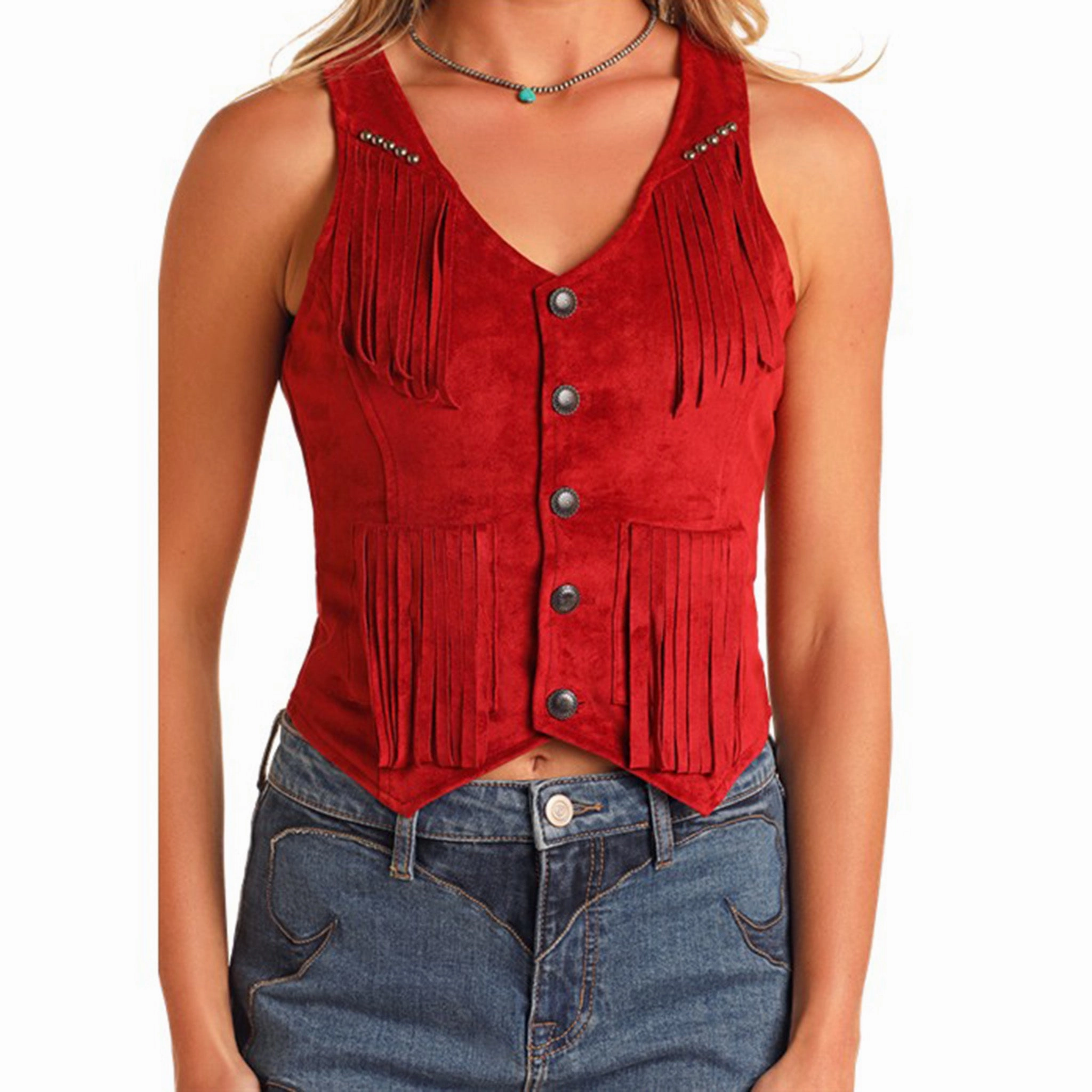 Red Studded Microsuede Fringe Vest Stretch Comfort