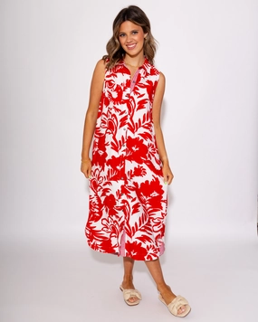 Red Tropical Breeze Midi Dress Wardrobe-Staple Simple Ease