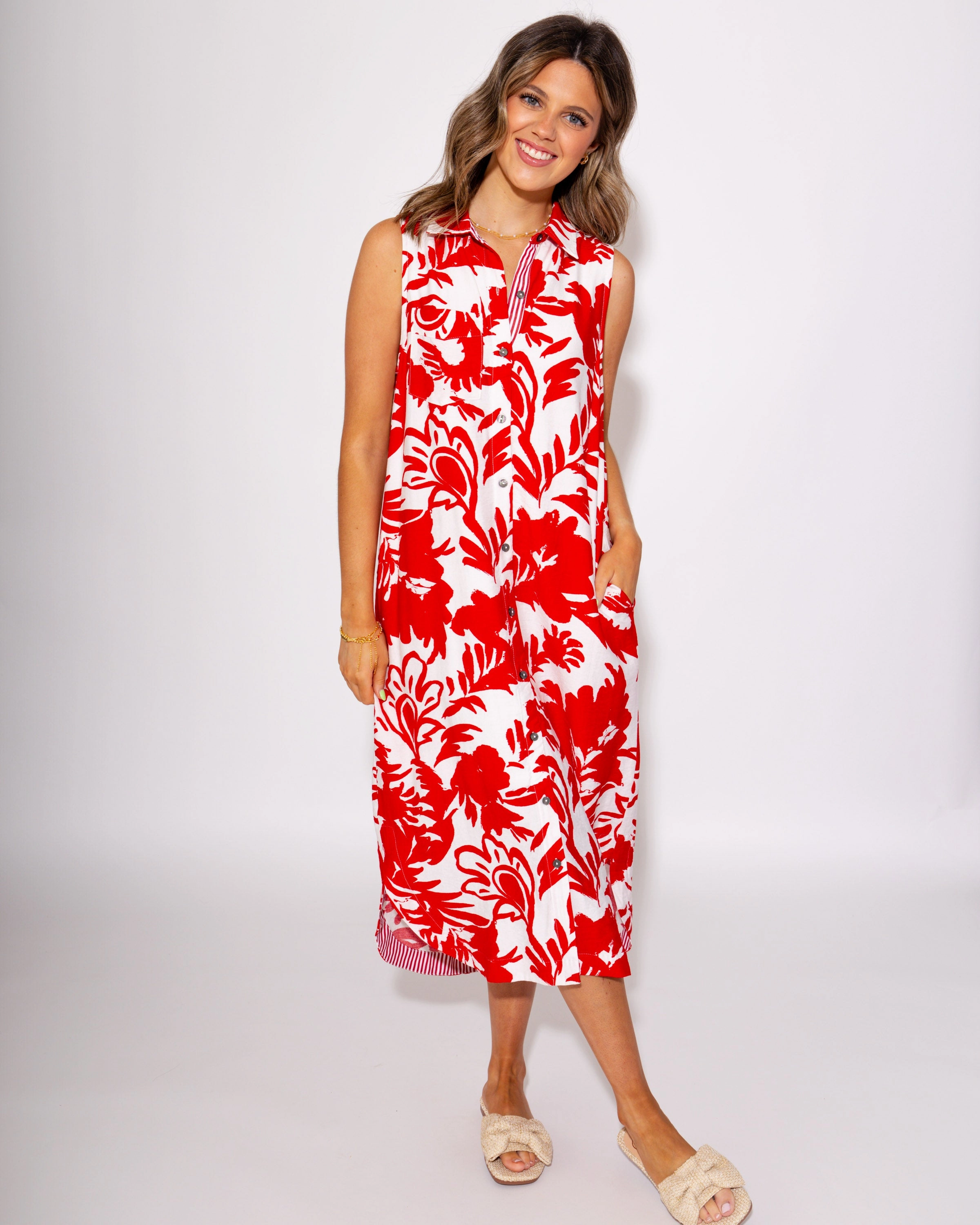 Red Tropical Breeze Midi Dress Pleated design Influencer-Approved