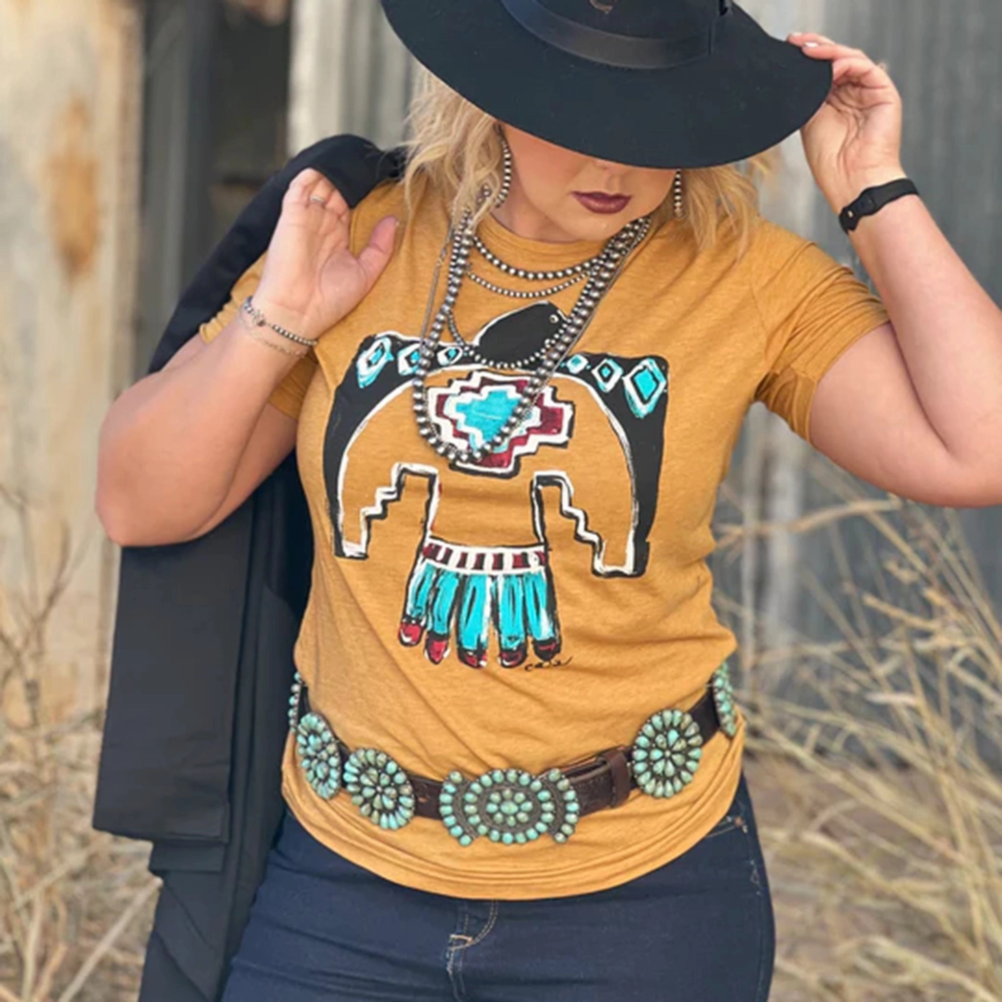 UltravioletProtectionFabric ShockAbsorbing Texas True Callie's Aztec Thunderbird Tee-Antique Gold
