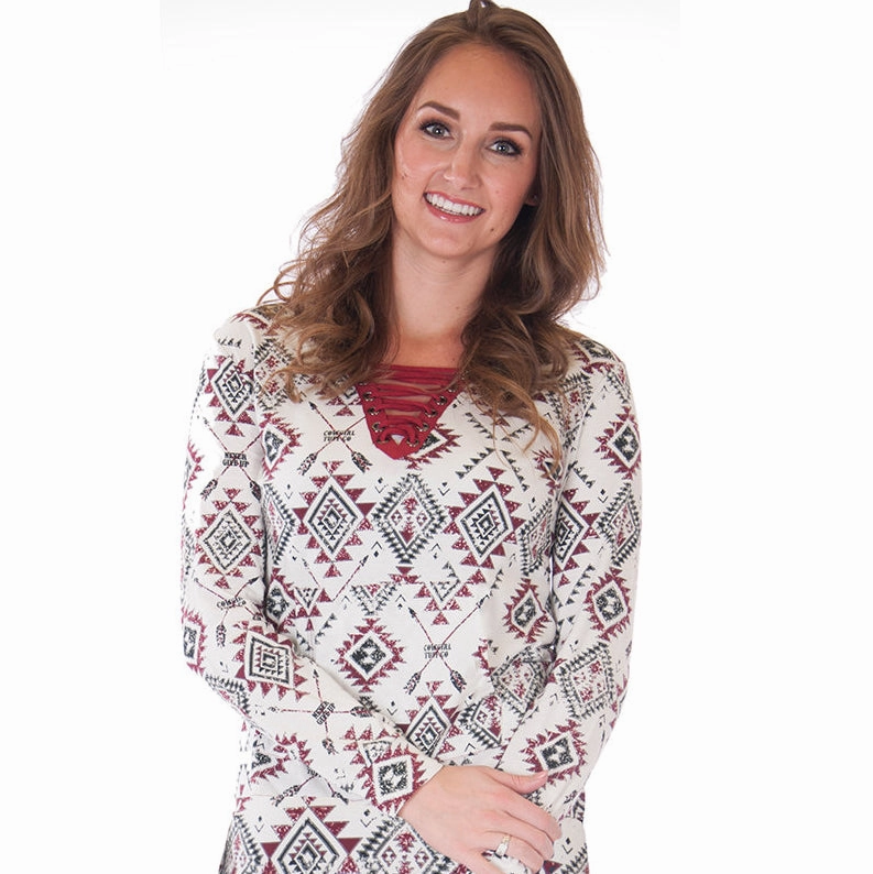 Smooth Seam Transition Cowgirl Tuff Women's White and Red Aztec Shirt