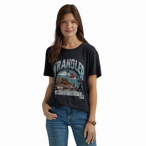 Wrangler Women's Black Long Live Cowboys Desert Tee Layered Neckline Details SoftInteriorLining