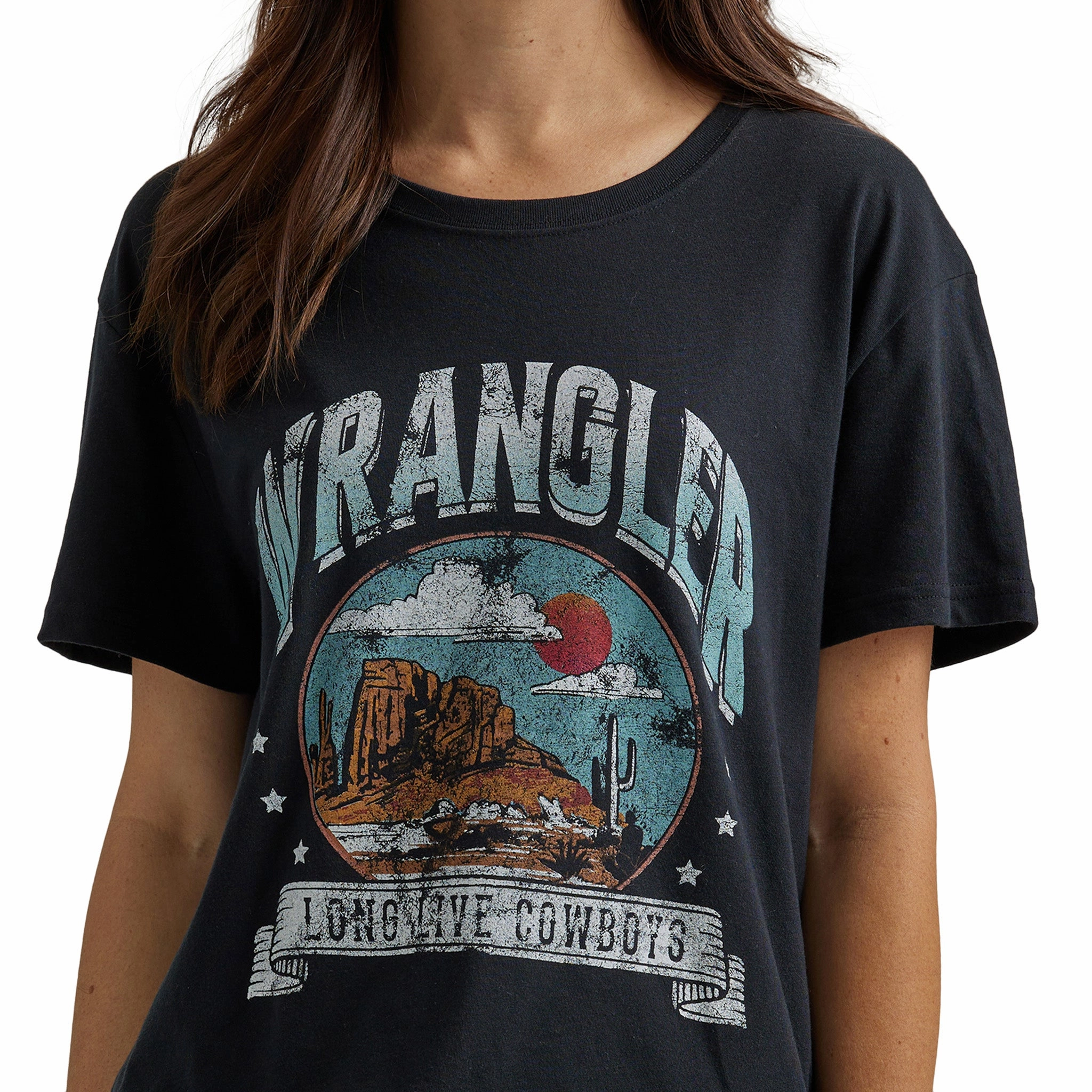 Wrangler Women's Black Long Live Cowboys Desert Tee SleevelessOption Double Needle Stitching