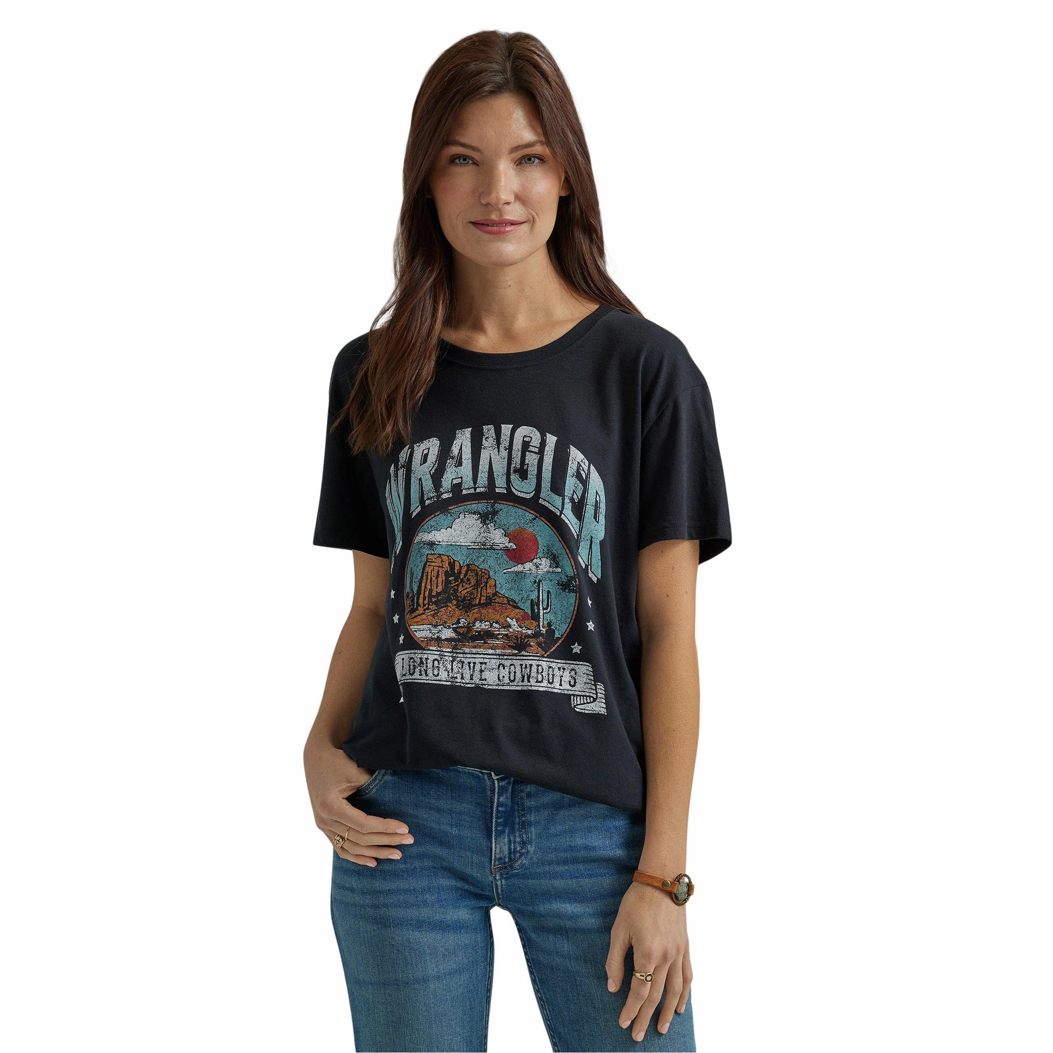 Wrangler Women's Black Long Live Cowboys Desert Tee Layered Neckline Details SoftInteriorLining