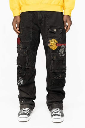 ORIGINAL ROBIN??S JEAN CALL OF DUTY CARGO PANTS IN VINTAGE BLACK COLOR WITH MULTIPLE PATCH Must Have Wear