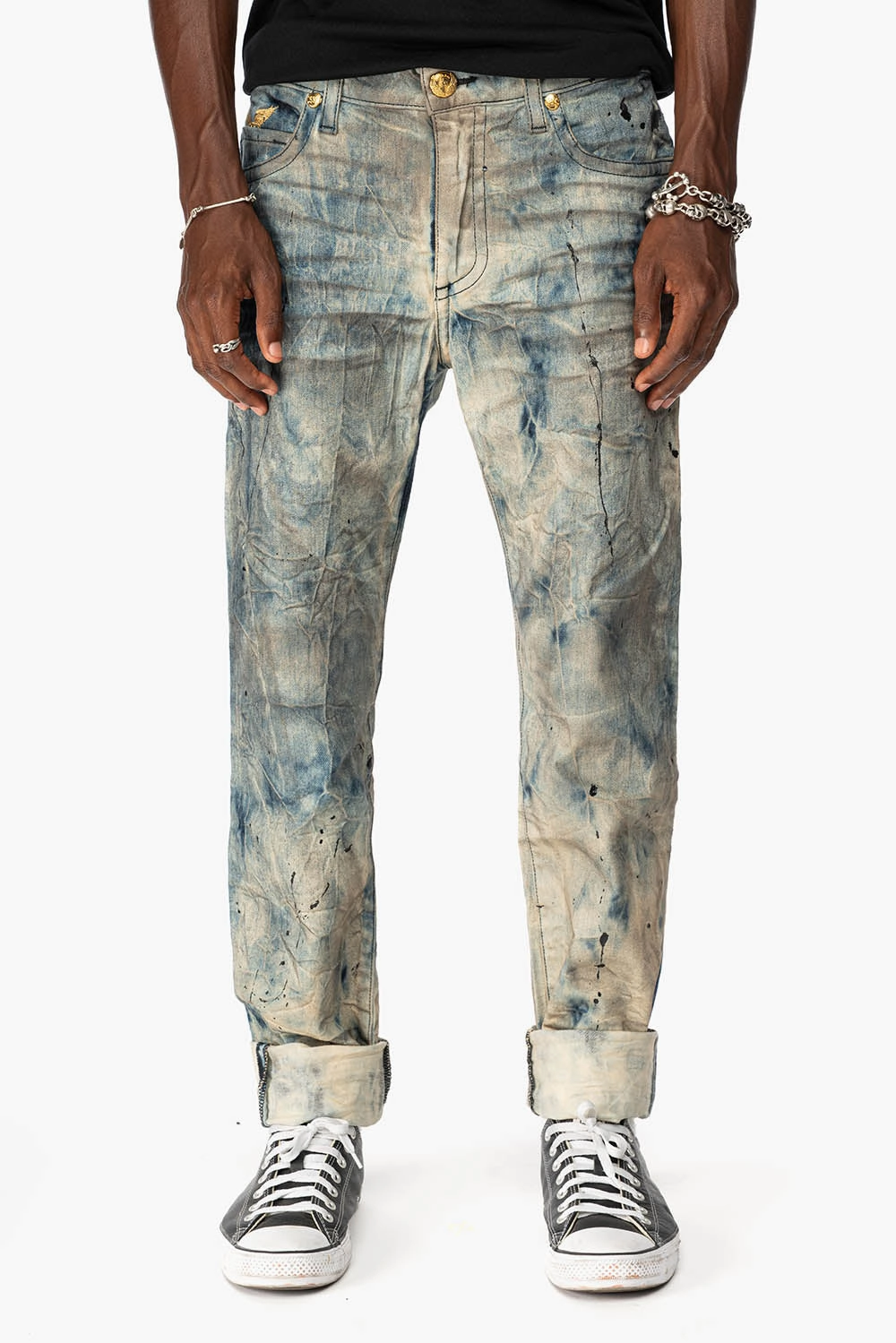 Smooth Minimalist SKINNY MENS JEANS IN FROZEN WASH WITH AB CRYSTAL AND SMOKY TOPAZ  CRYSTALS