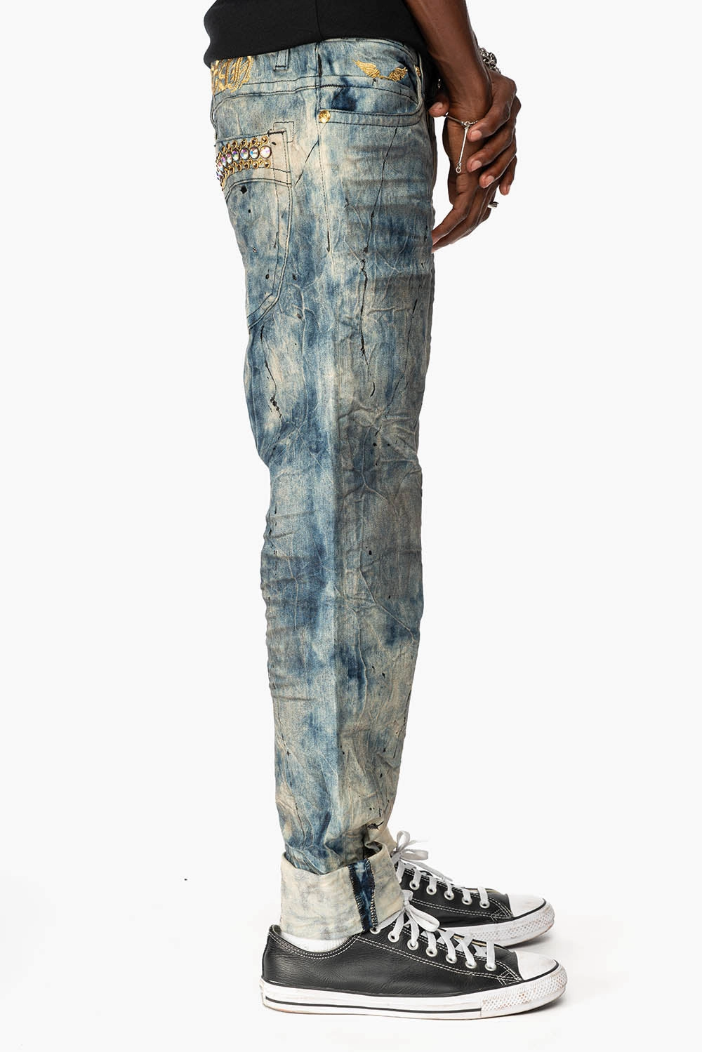 SKINNY MENS JEANS IN FROZEN WASH WITH AB CRYSTAL AND SMOKY TOPAZ  CRYSTALS Leisure Ready