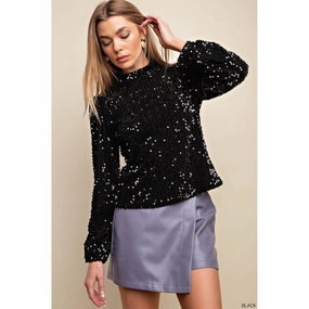 Kori America Women's Solid Sequin Long Sleeve Top FlexibleNeckline