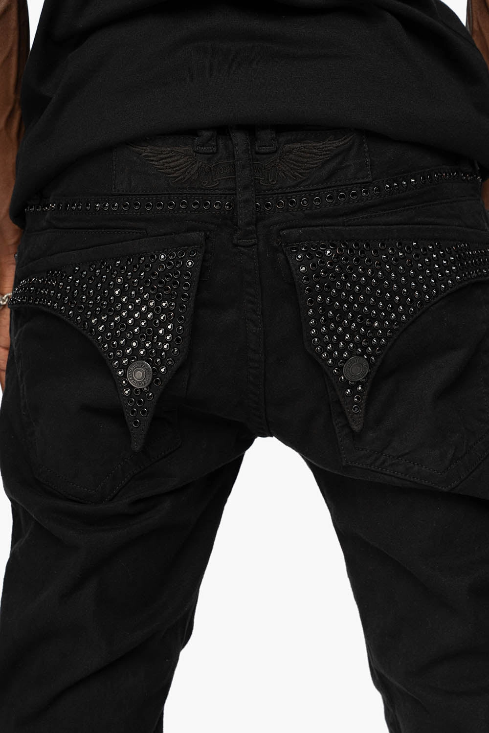LONG FLAP SLIM FIT MENS JEANS WITH JET BLK CRYSTALS IN OVER-DYE BLACK Durable Triple Stitched Seams