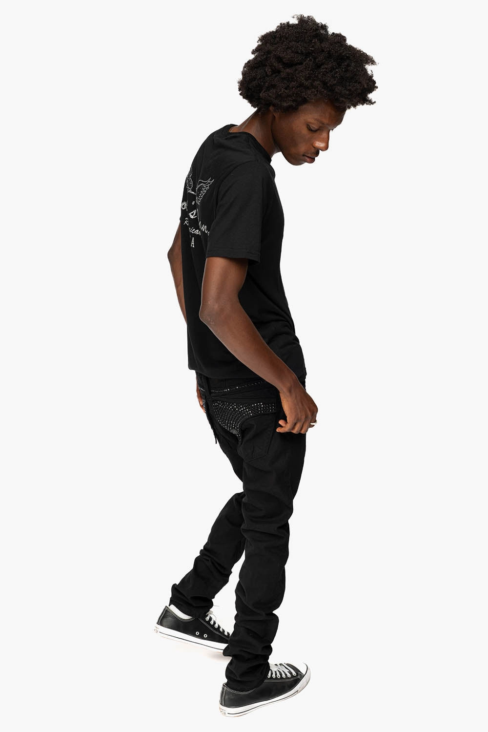 LONG FLAP SLIM FIT MENS JEANS WITH JET BLK CRYSTALS IN OVER-DYE BLACK Athlete Fit Holiday Vibes Stone Wash Finish