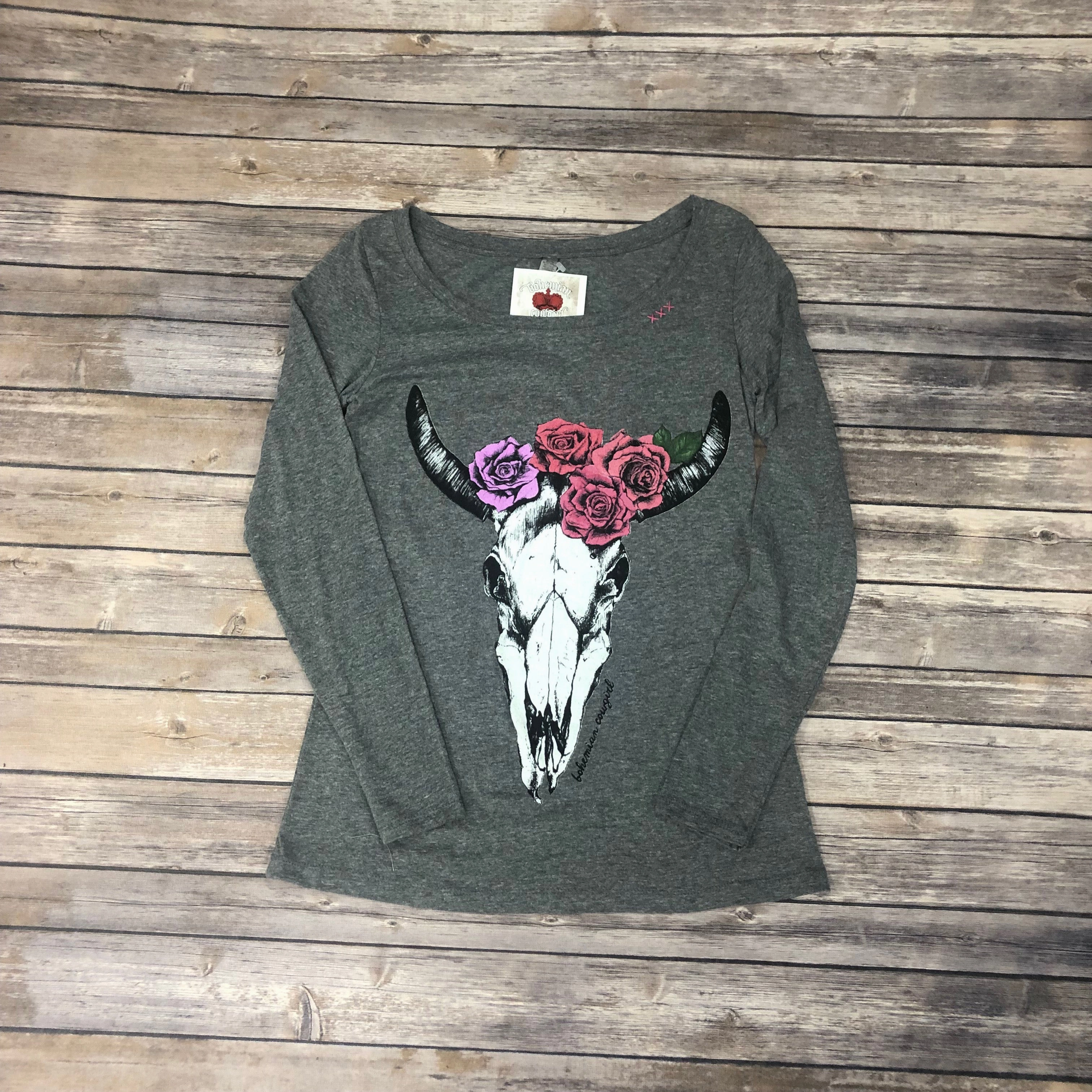 AntiStatic Material Bohemian Girl Women's Grey Skull and Flowers Shirt