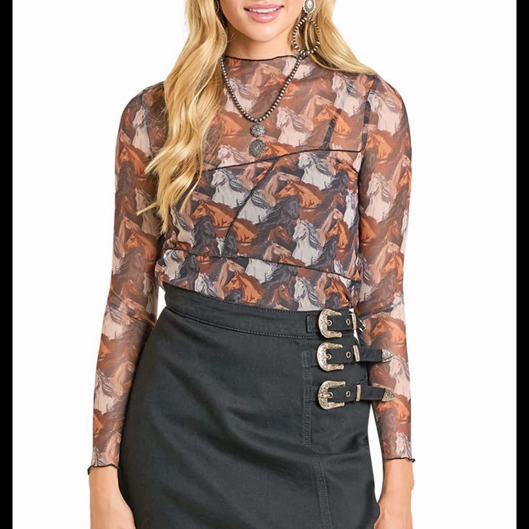 Rock & Roll Women's Mesh Horse Long Sleeve Shirt HighDensity Knit