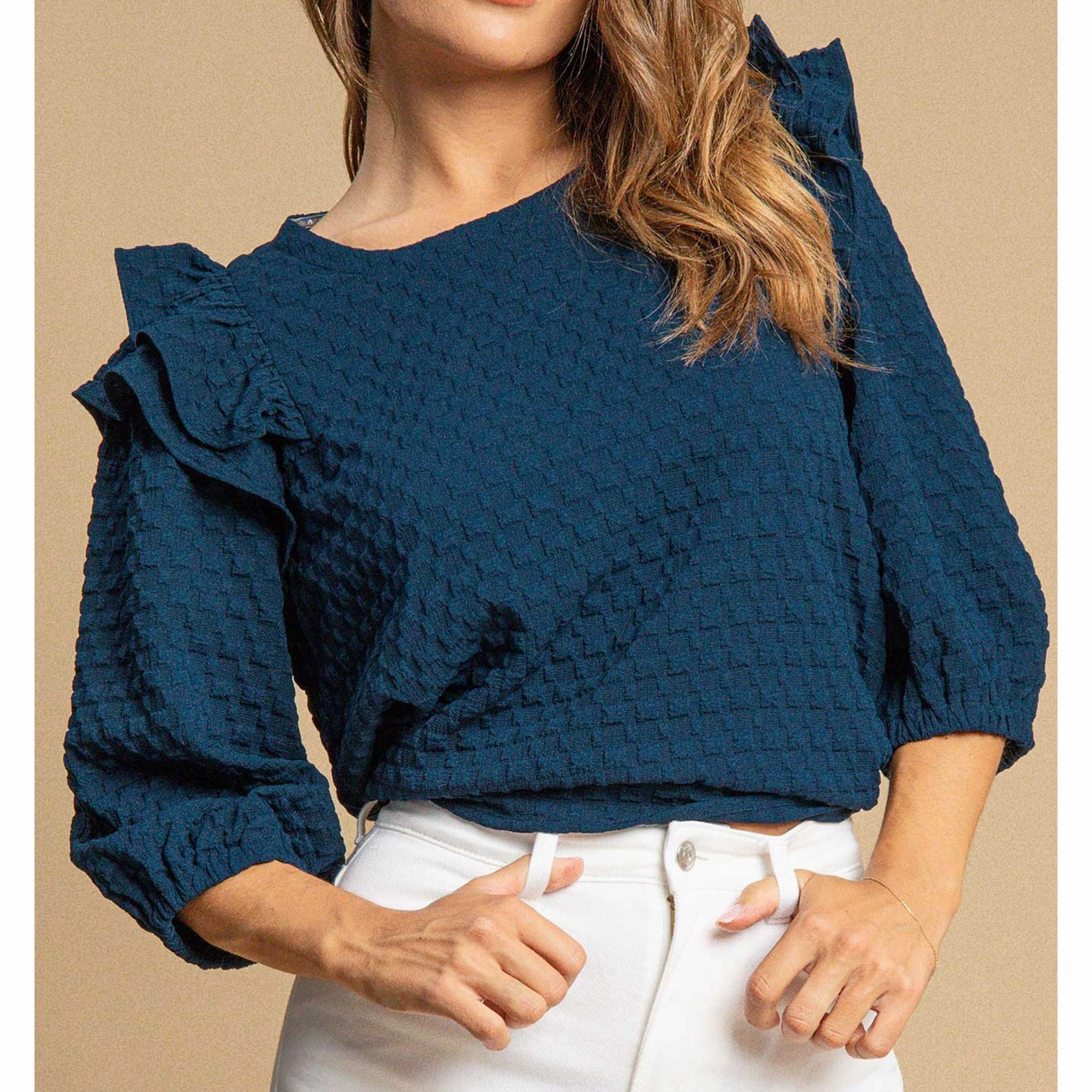 Summer Blouse YarnBlend Women's Solid Waffle Textured 3/4 Sleeve Shirt