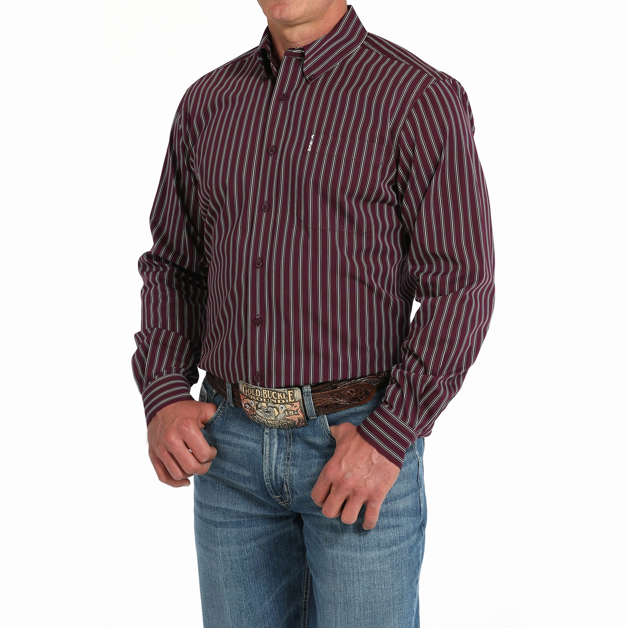 Cinch Men's Purple Striped Modern Fit Shirt Fashionable Layer