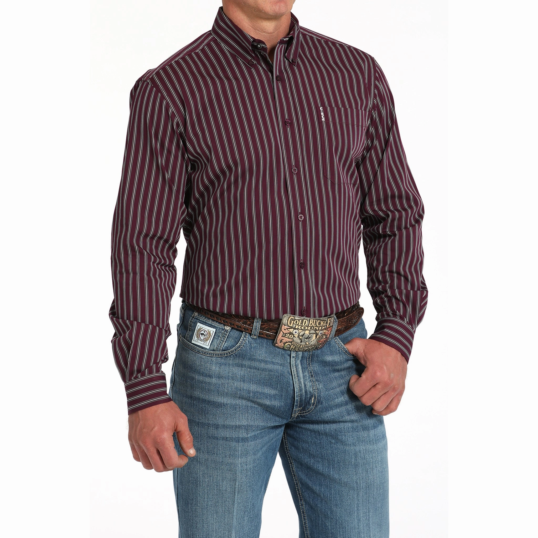 Edgy Fashion Adjustable Hem Cinch Men's Purple Striped Modern Fit Shirt