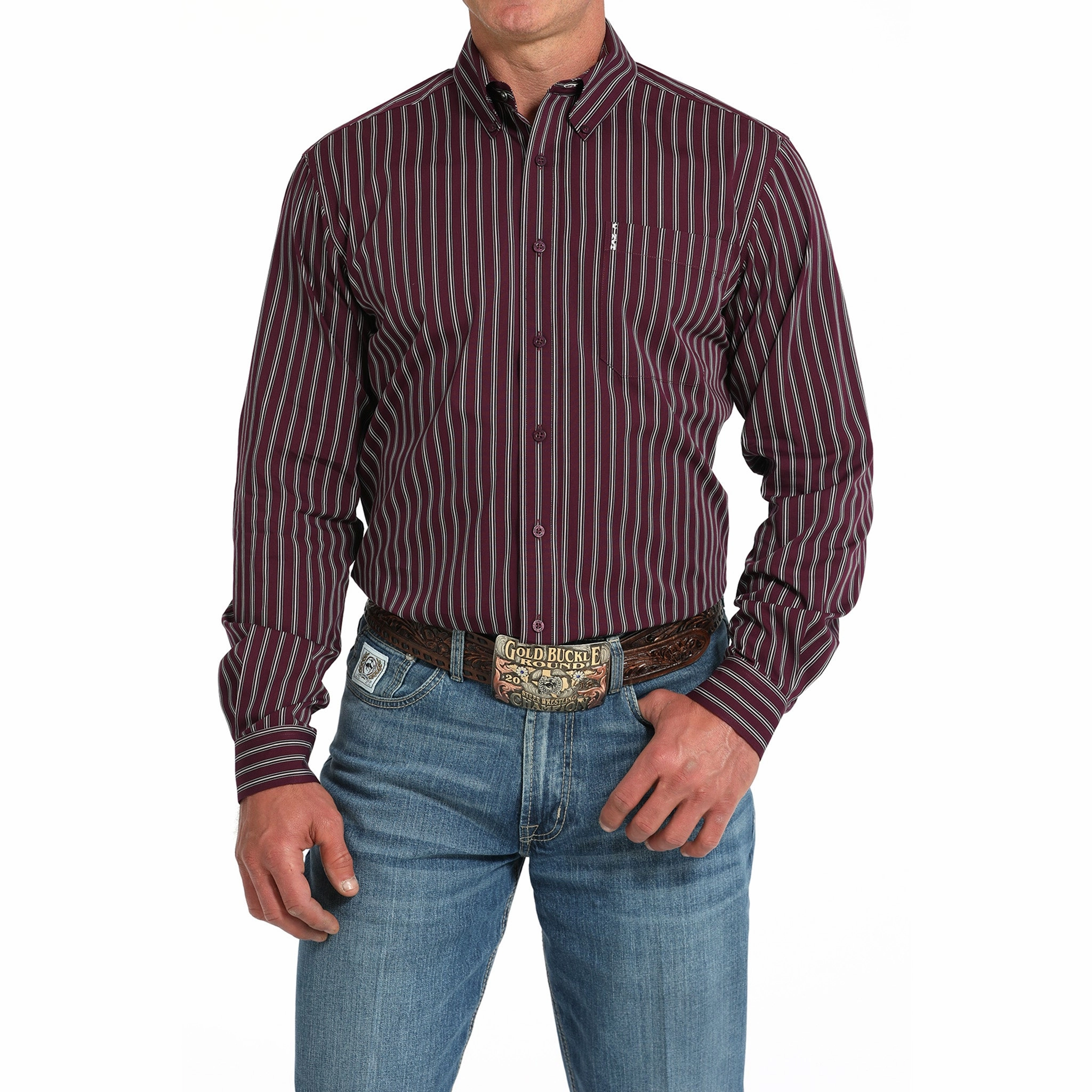 Cinch Men's Purple Striped Modern Fit Shirt tailored look Luxury Feel