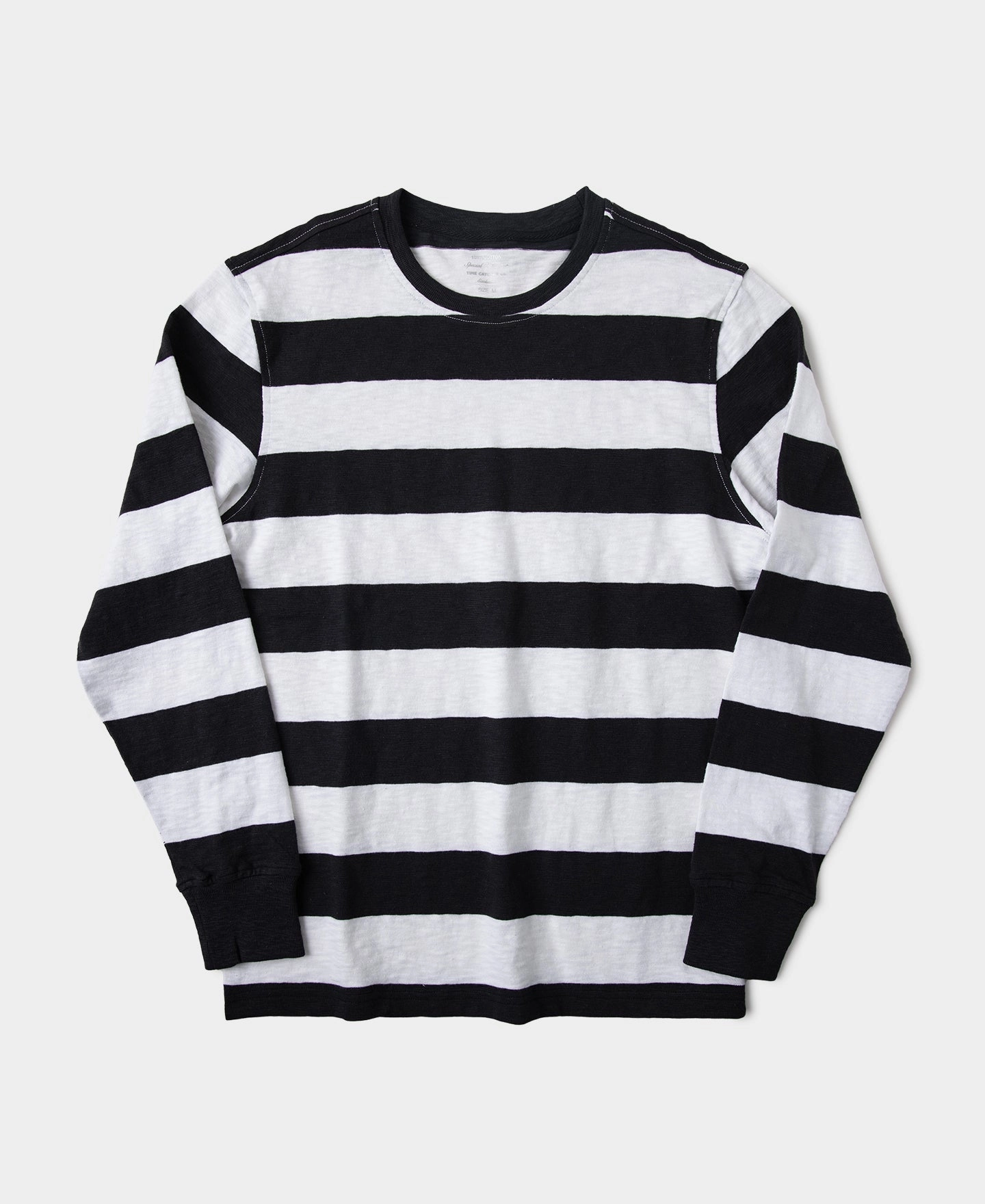 Slub Cotton Wide Striped Long Sleeve T-Shirt - Black/White Sleek Comfort Fit Abrasion resistant