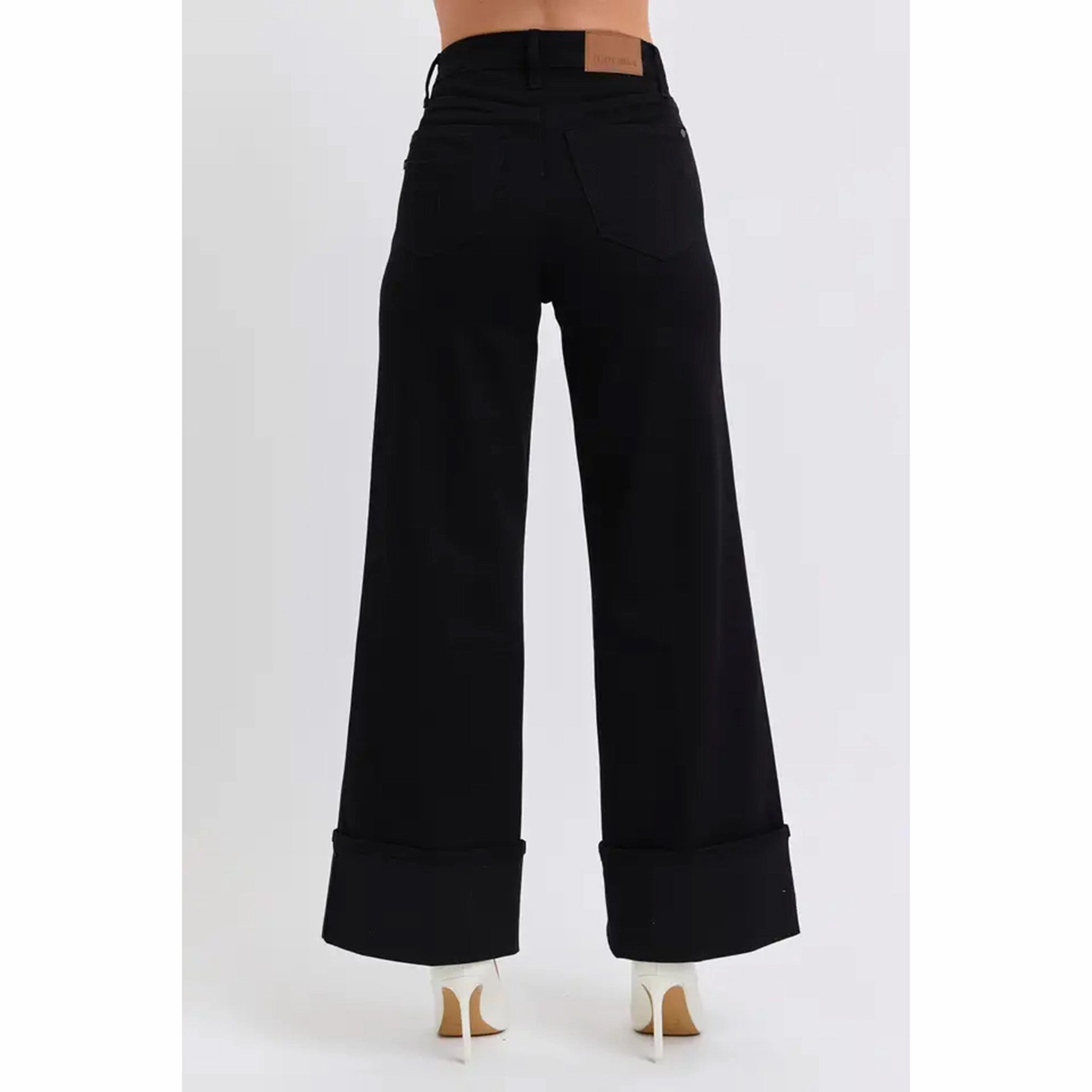 Base Look Function Fit Judy Blue Women's Black High Waisted Wide Leg Cuff Jeans