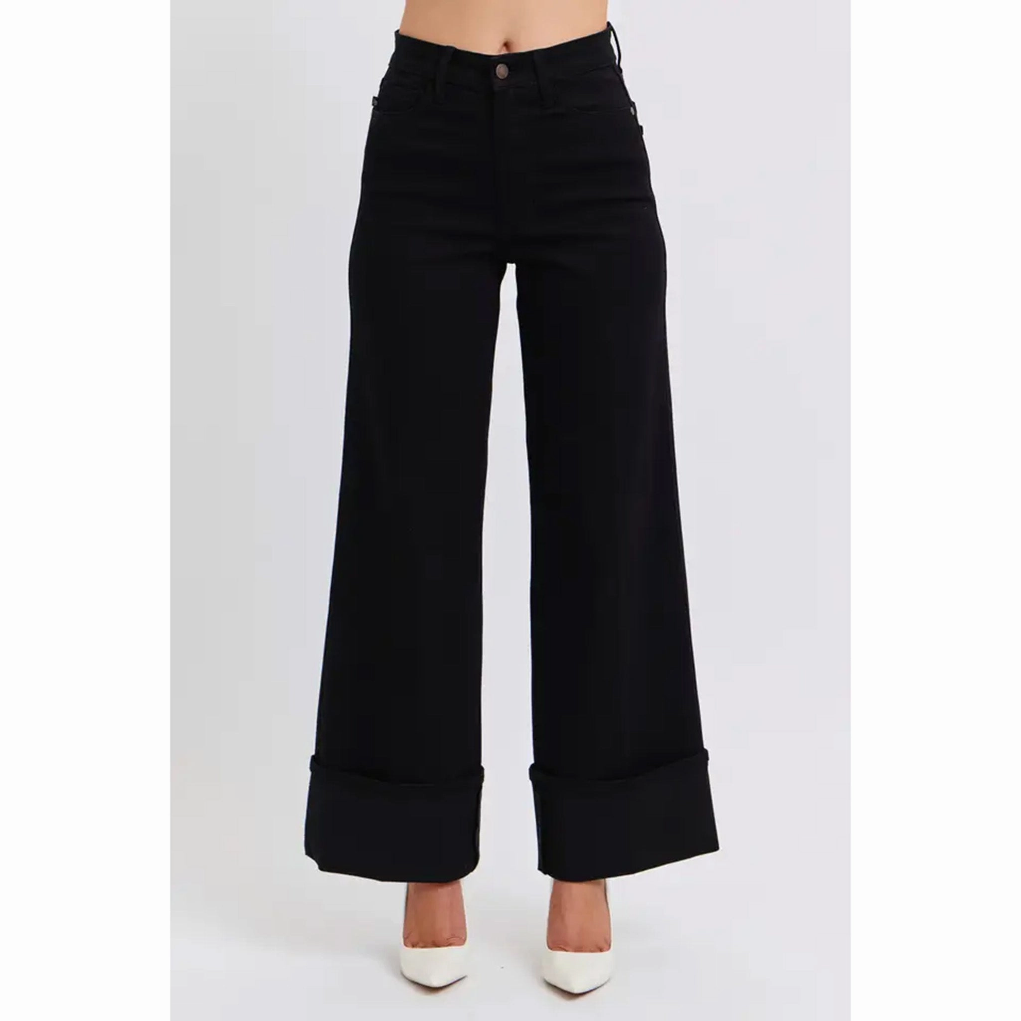 Stylish Silhouette Casual Friday Elegant Casual Judy Blue Women's Black High Waisted Wide Leg Cuff Jeans