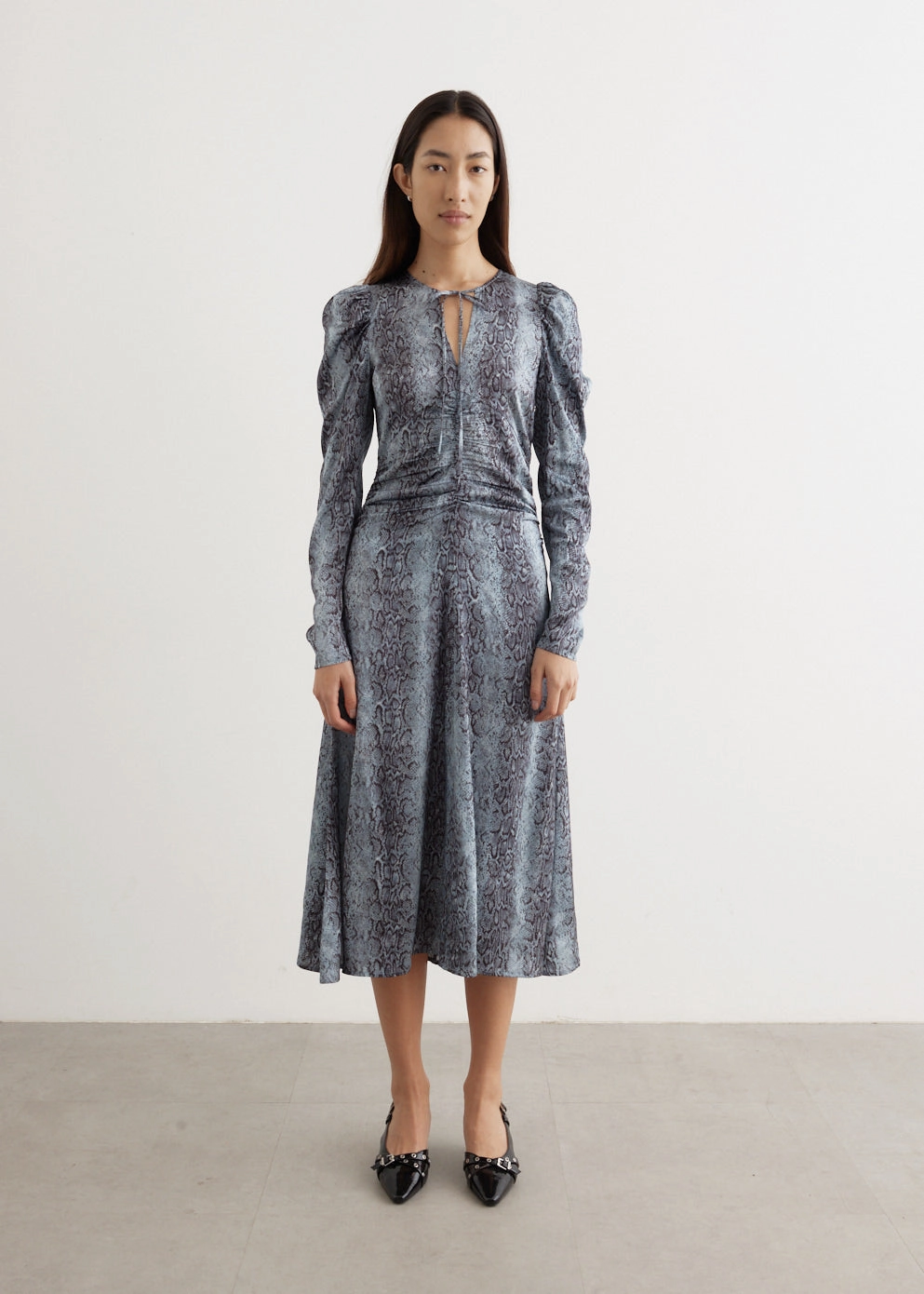 Subtle Edge Printed Satin Ruched Midi Dress