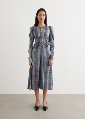 Subtle Edge Printed Satin Ruched Midi Dress