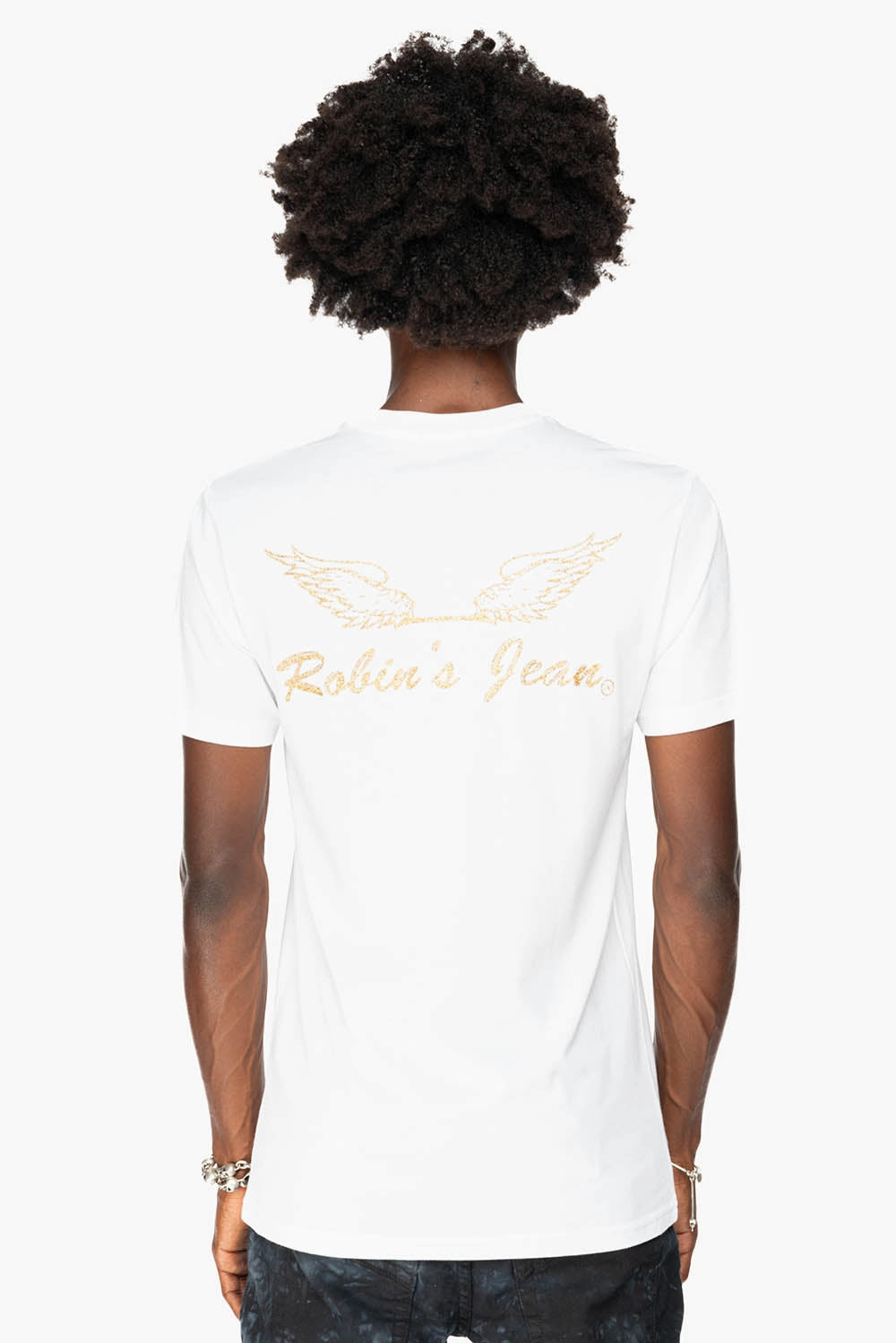 Reversible Design Concept ROBIN??S LOGO WINGS TEE IN WHITE GOLD GLITTER