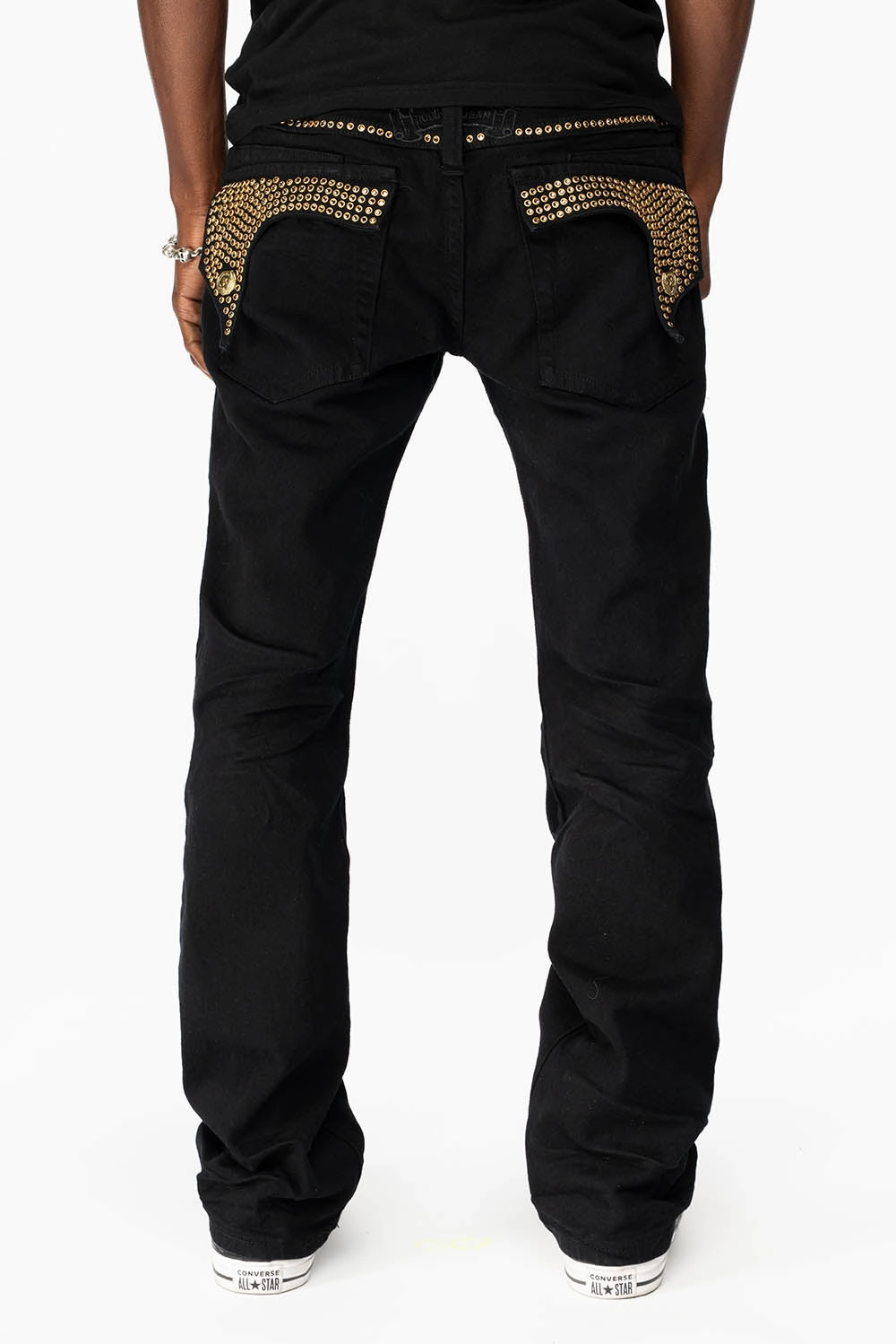 KILLER FLAP MENS STRAIGHT LEG JEAN IN  BLACK FULLY EMBELLISHED WITH SMOKEY TOPAZ CRYSTALS All Round Piece Weekend Warrior Elegant