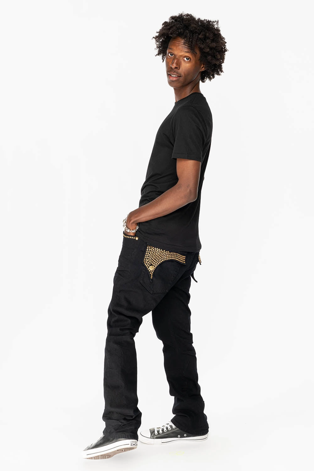 KILLER FLAP MENS STRAIGHT LEG JEAN IN  BLACK FULLY EMBELLISHED WITH SMOKEY TOPAZ CRYSTALS Customizable Fit