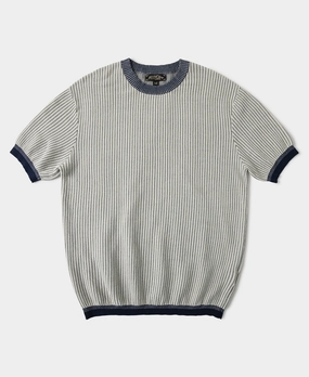 Retro Waffle-Knit Contrast Collar T-Shirt Raw Edge Hem SoftenedTexturedWeave
