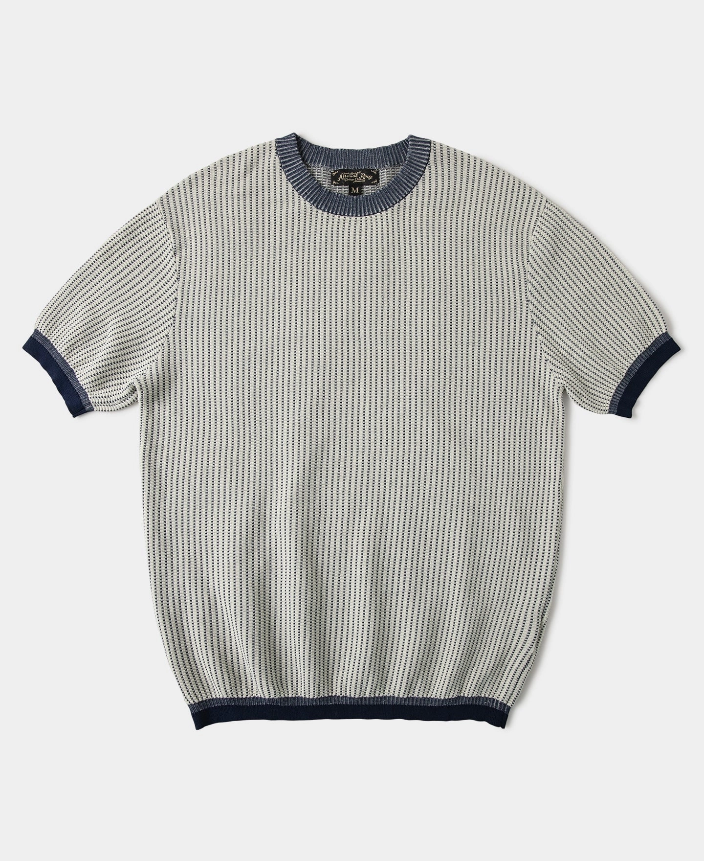 Retro Waffle-Knit Contrast Collar T-Shirt Raw Edge Hem SoftenedTexturedWeave