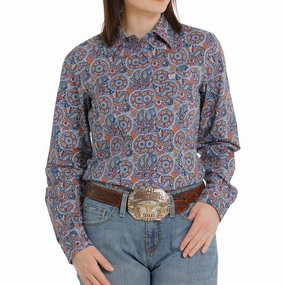 DurableWeave WrinkleFree Weave Cinch Blue, Red and Orange Paisley Shirt