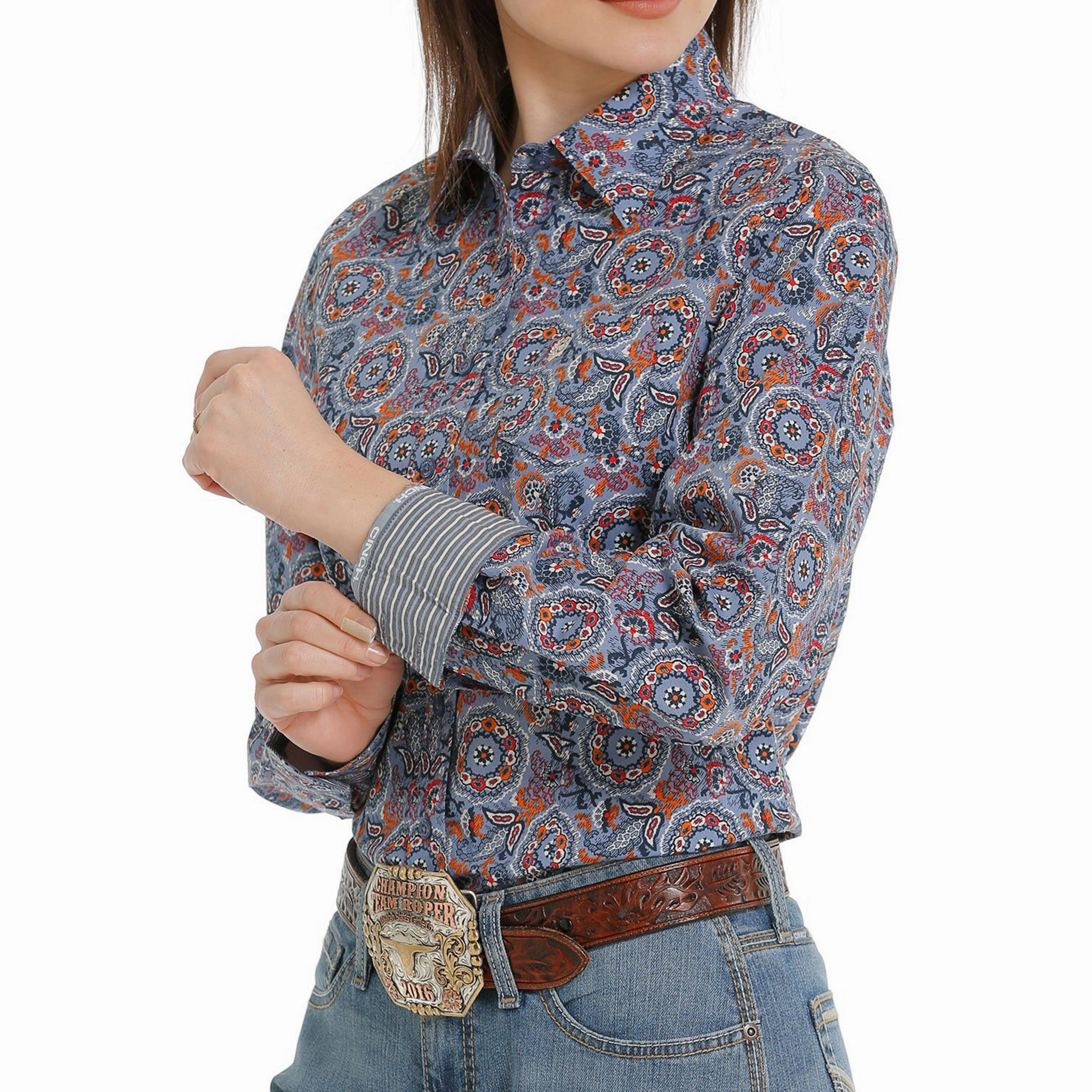 Winter Fashion Thermal Regulating Fabric Cinch Blue, Red and Orange Paisley Shirt